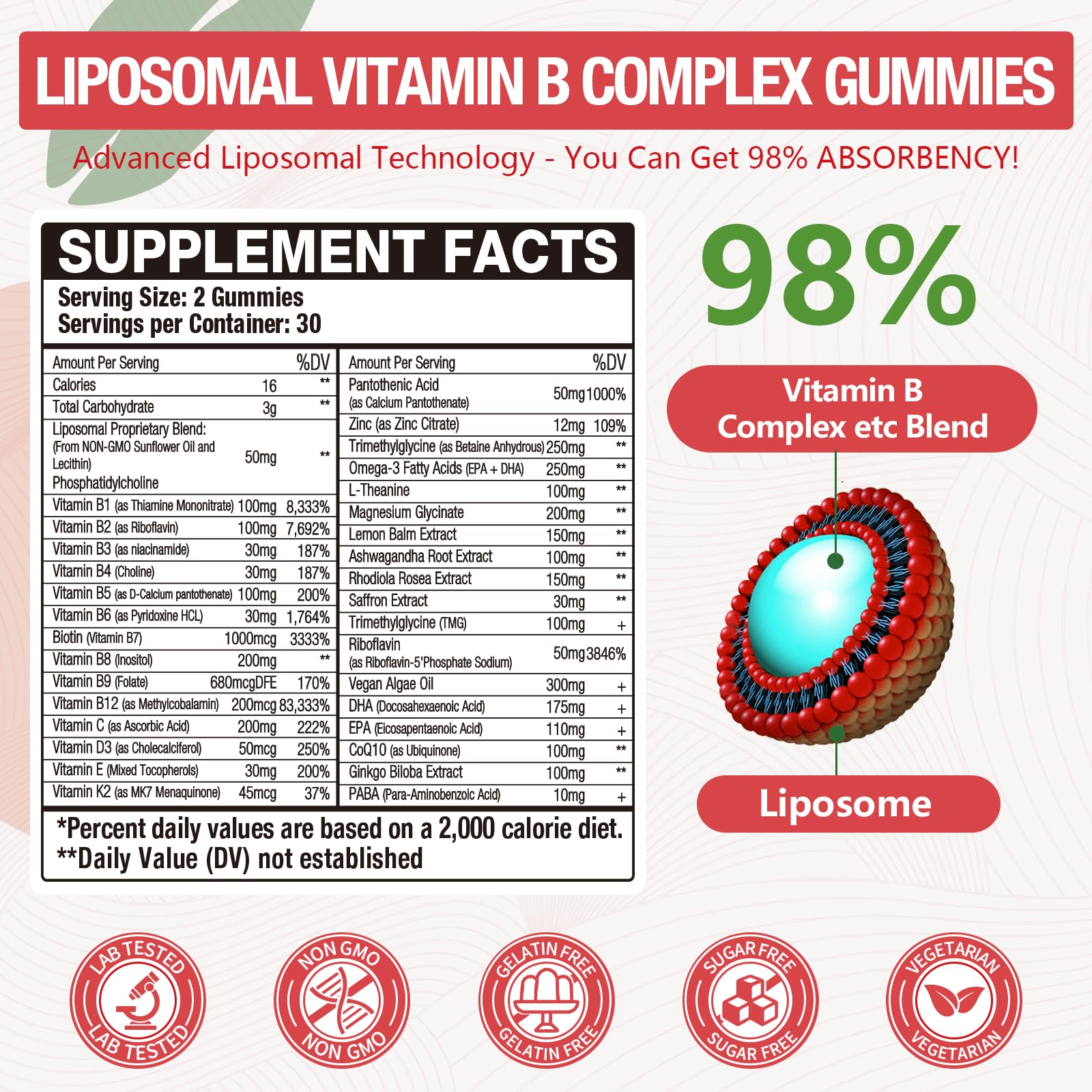 33-in-1 Liposomal Vitamin B Complex Gummies - B1, B2, B3, B4, B5, B6, B7, B8, B9, B12, Vitamin C, D3, K2, Calcium, Magnesium, Zinc for Energy, Brain, Immune, Skin Support & Heart Support — Amazon image 2