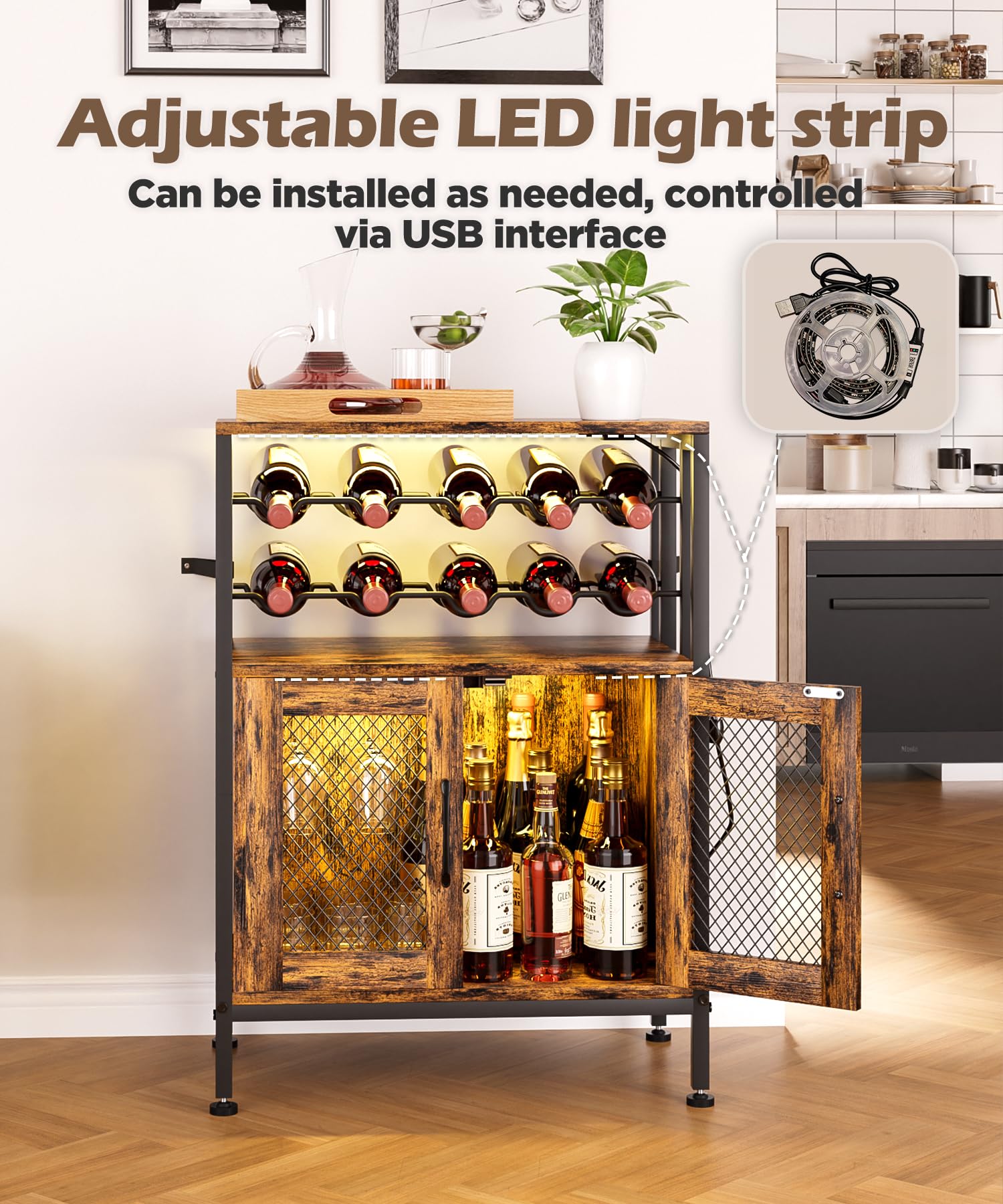 Yorbay Mobili Portabottiglie con Luci LED: Mobile Bar Autoportante con Anta a Griglia per 10 Bottiglie e 6 Bicchieri - Scaffale per Vini in Stile Industriale per Cucina Soggiorno Sala da Pranzo