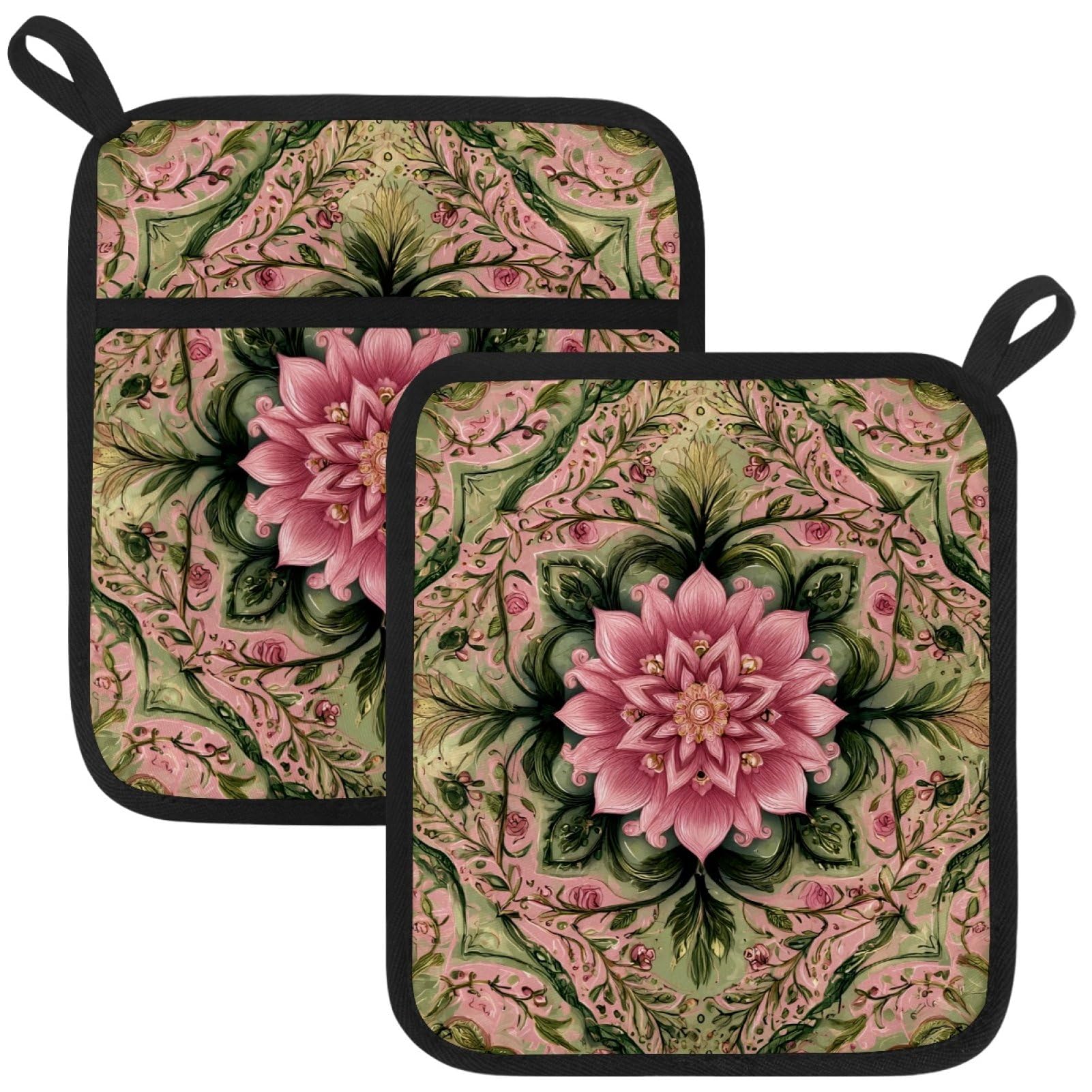 VAPOKF Floral Mandala Kitchen Hot Pot Holder, Pot Holders Heat Resistant Pot Holder with Pocket Heat Resistant Trivets for Hot Pans Cotton Pot Mitts for Kitchen Cooking Baking