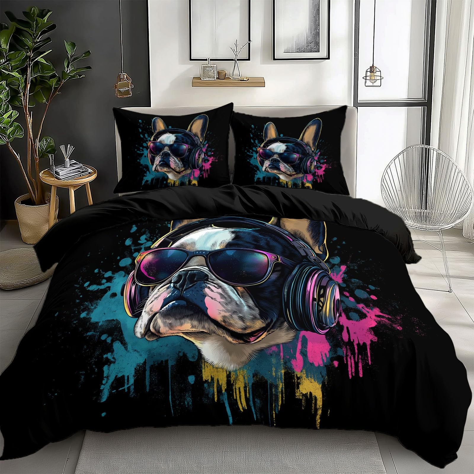 Housse de couette réversible 240x260 bouledogue dessin animé avec taie oreiller