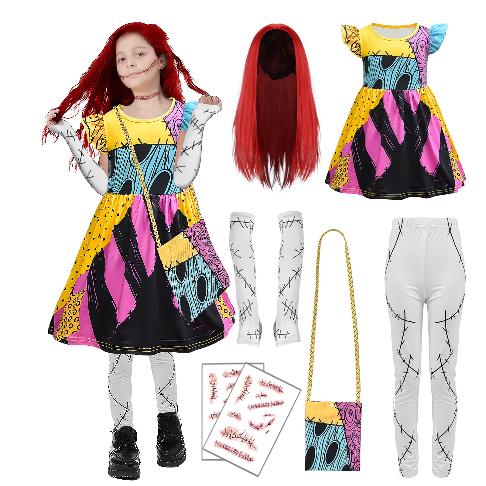 nezababy Sally Costume Kids,Sally Halloween Costume,Sally Dress with Wig Sleeves Leggings Bag Christmas Nnightmare Outfit (4-5 years)