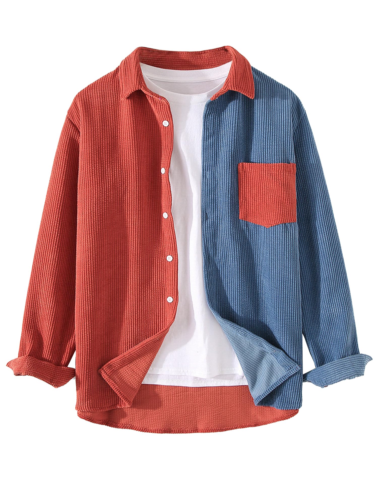 Lucrosun Men's Regular Fit Corduroy Shirt Color Block Button Up Shacket Jacket