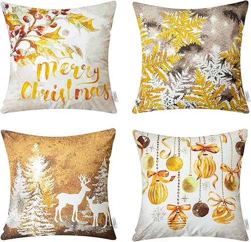 Ashler - Juego de 4 fundas de almohada decorativas de 18 x 18 pulgadas con diseño de copos de nieve azul, reno para vacaciones