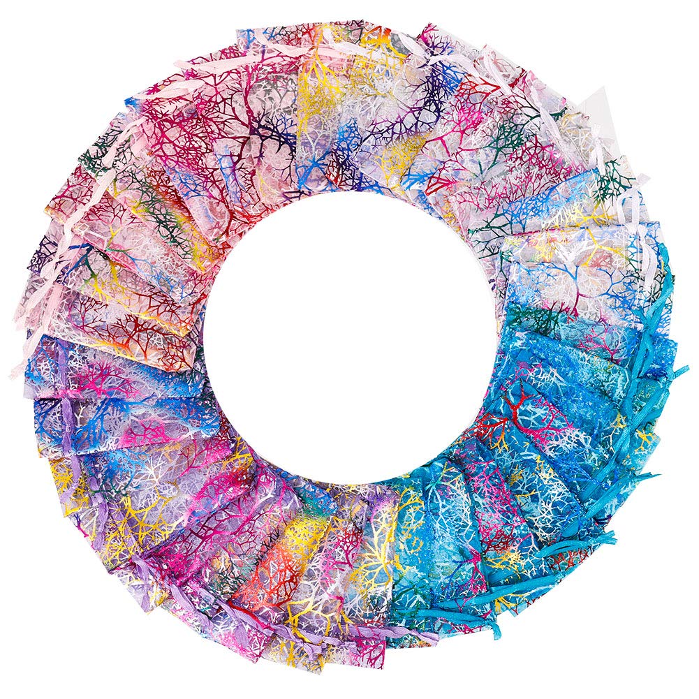 tao pipe 100 Pieces Organza Bags, 7 X 9 Cm Coral Pattern Organza Bags Gift Bag for Wedding Favors Gift Jewelry Candy Sweet Souvenir Party Baby Shower Birthday 4 Colors