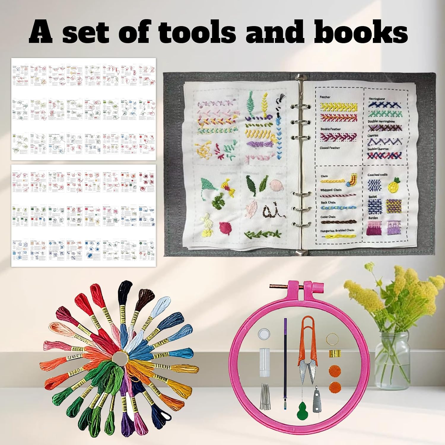 zyinoant 2026 New Embroidery Kit Embroidery Book with Patterns Embroidery Book Kits Include Complete Toolkit and Instructional Tutorial for Sewing Patterns for Beginners (Book Set)