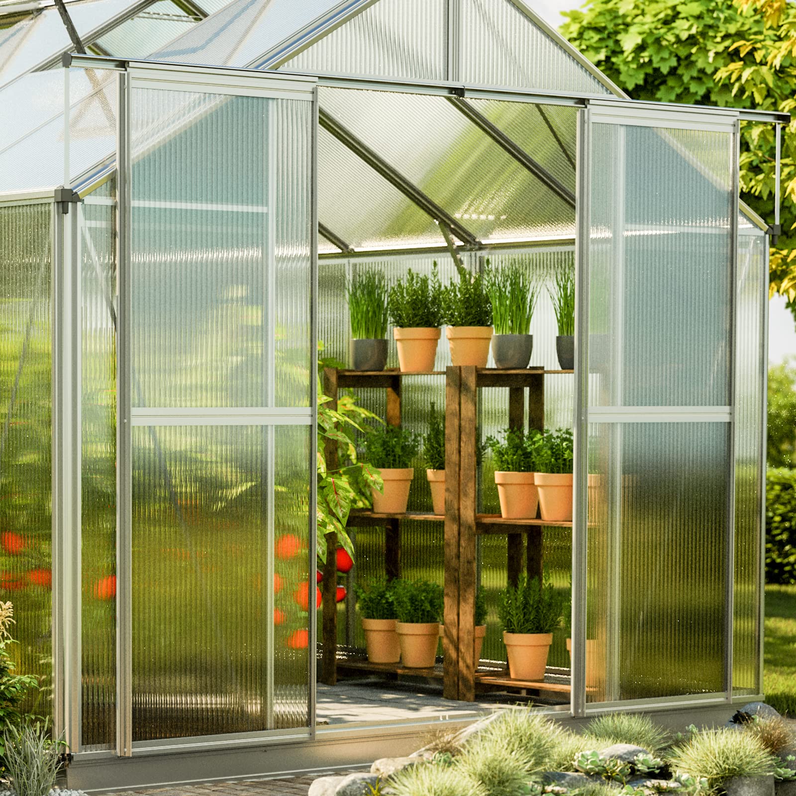 GFP Invernadero Topas 4 Estructura de Aluminio 225x259 cm, Placas alveolares de 6 mm, con Sistema de Apertura automático de Ventanas y Base de cimentación metálica
