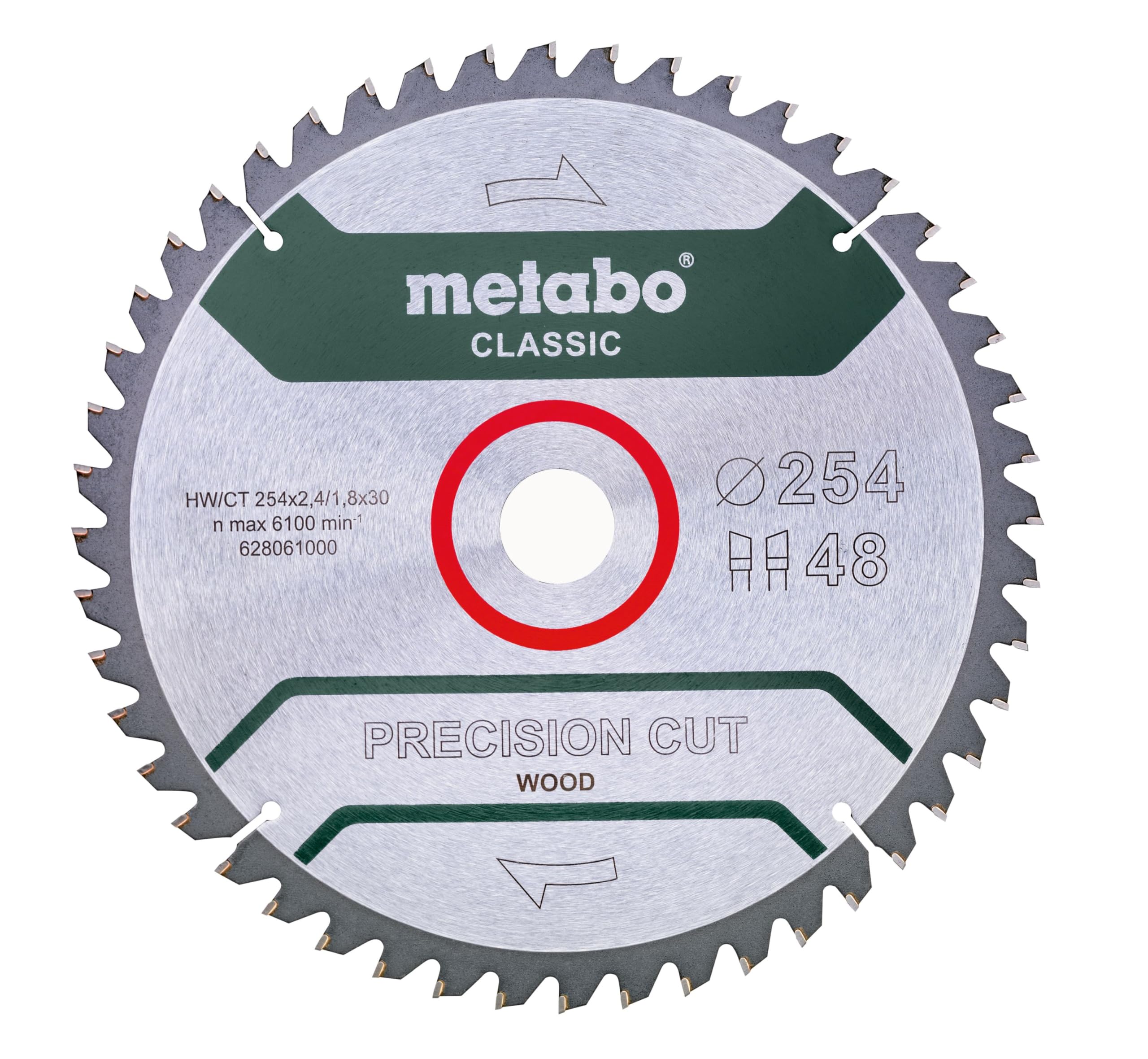 metabo Kreissägeblatt "precision cut wood - classic" – 254 x 30, Z48 WZ 5°neg. – 628061000 – Für halbstationäre Kreissägen – Sägeblatt für Holz – 48 Zähne