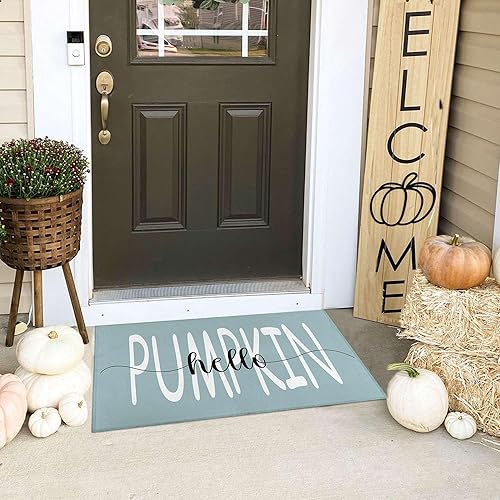 Miniatura 7 de Felpudo decorativo de calabaza azul de 30 x 17 pulgadas, tapete de calabaza otoñal para interiores y exteriores, tapete antideslizante para