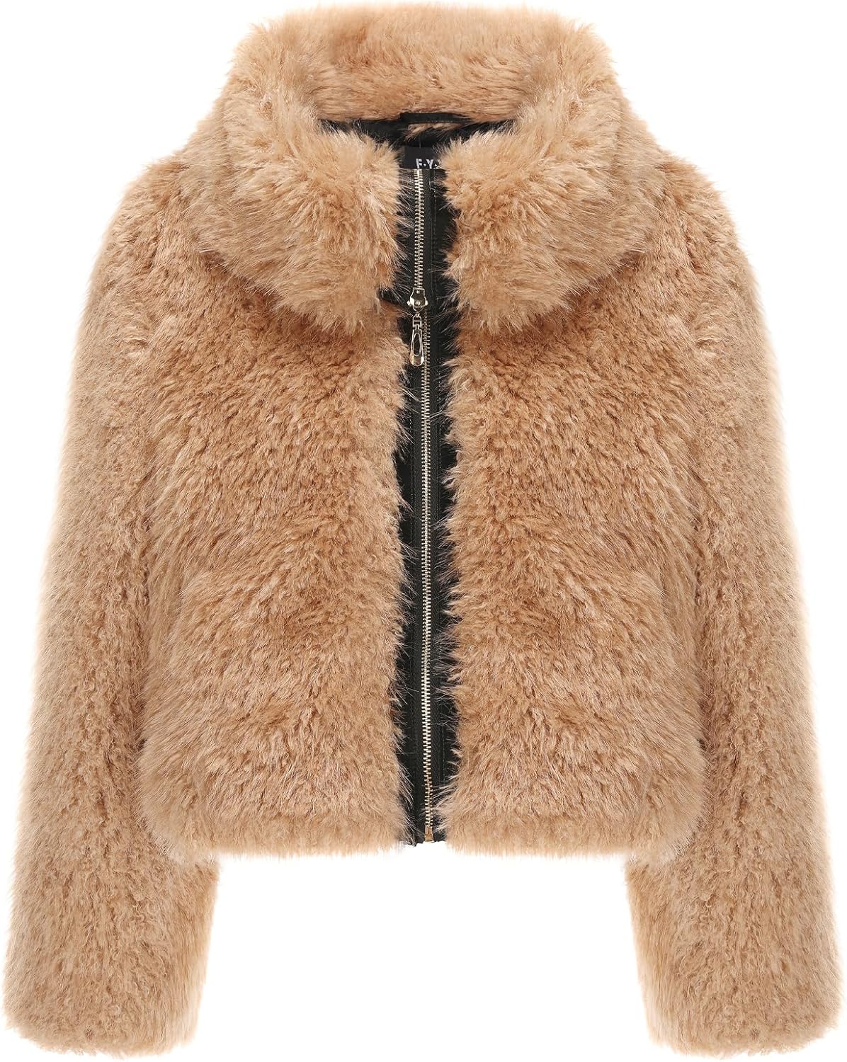 Women's Short Faux Fur Jacket With Big Lapel Collar, Winter Warm Fluffy Zip Up Cardigan Style Coat With Pockets