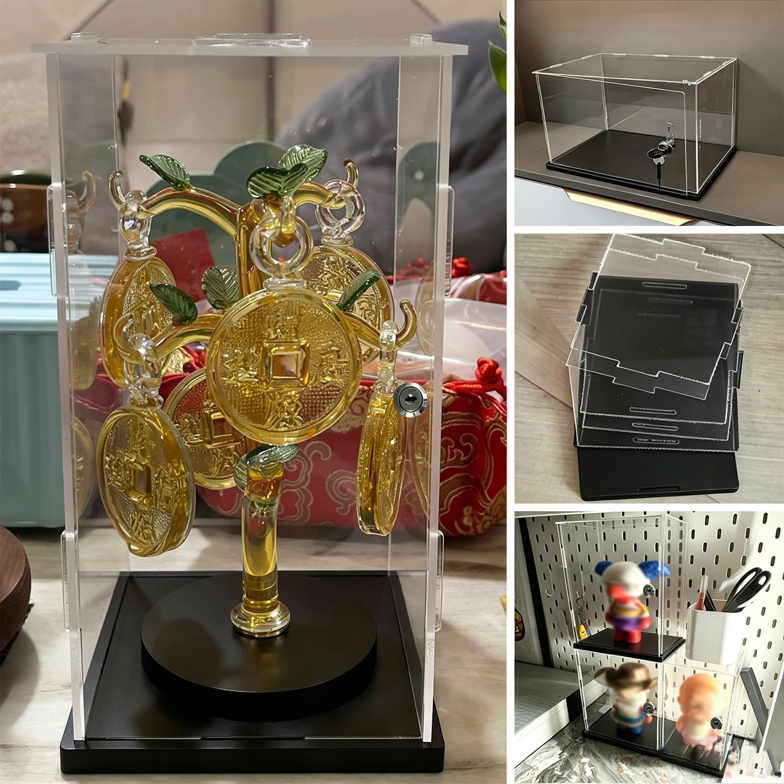 Teca Plexiglass Vetrina in Acrilico per Bambole con Serratura e Base | Vetrina Espositiva Lunga, Trasparente e Antipolvere con Sportello, Personalizzabile per Organizzare(40x25xH10cm/16x10x4in)
