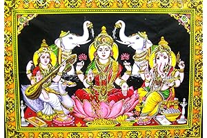 Lakshmi Ganesha Saraswati Batik Cotton Wall Hanging Sequins Painting