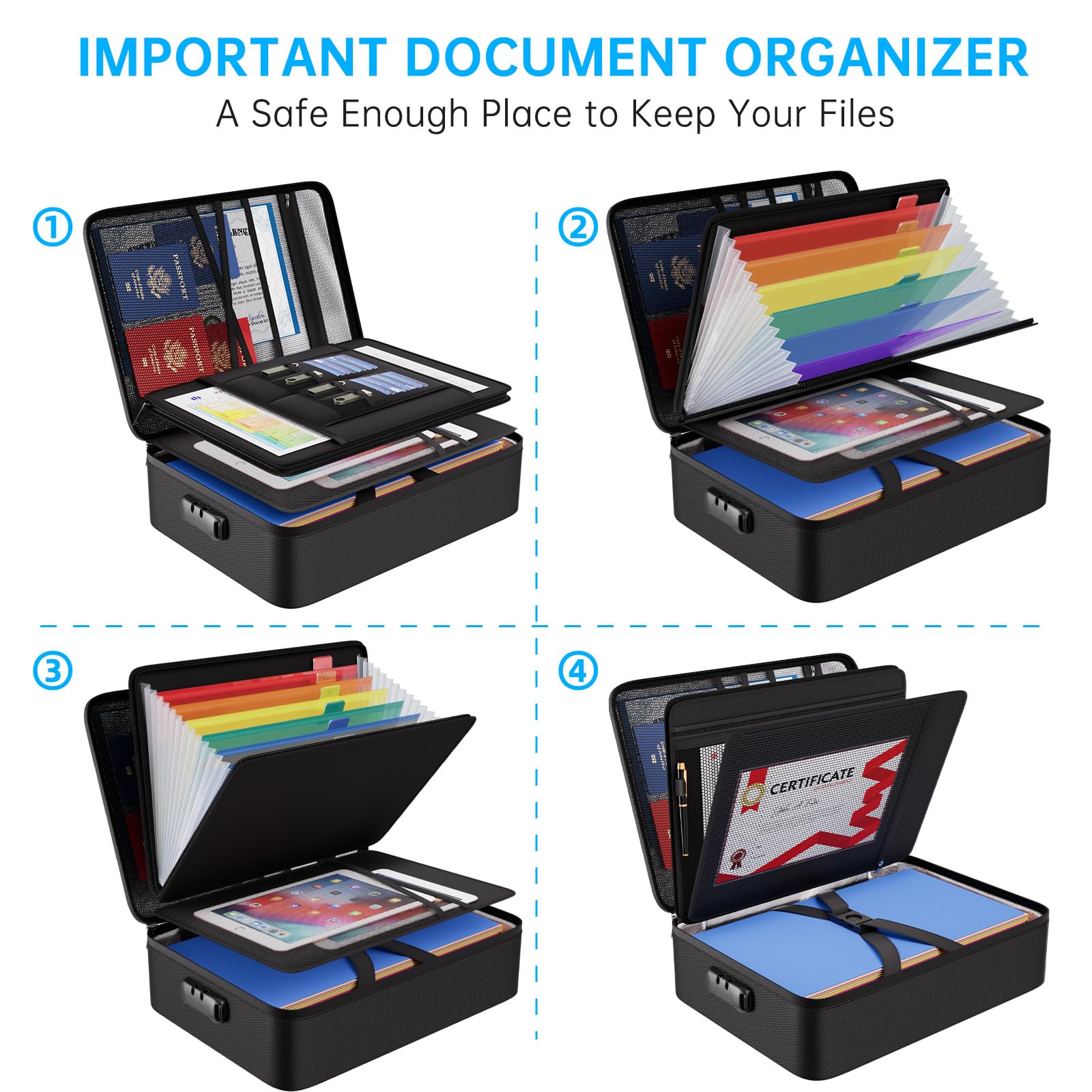 ENGPOW Porte-documents ignifuge avec 7 compartiments pour documents importants | 5200℉ - Classeur A4 - Organiseur - Boîte de rangement - Porte-documents portable - Pour la maison et le bureau - Serrure