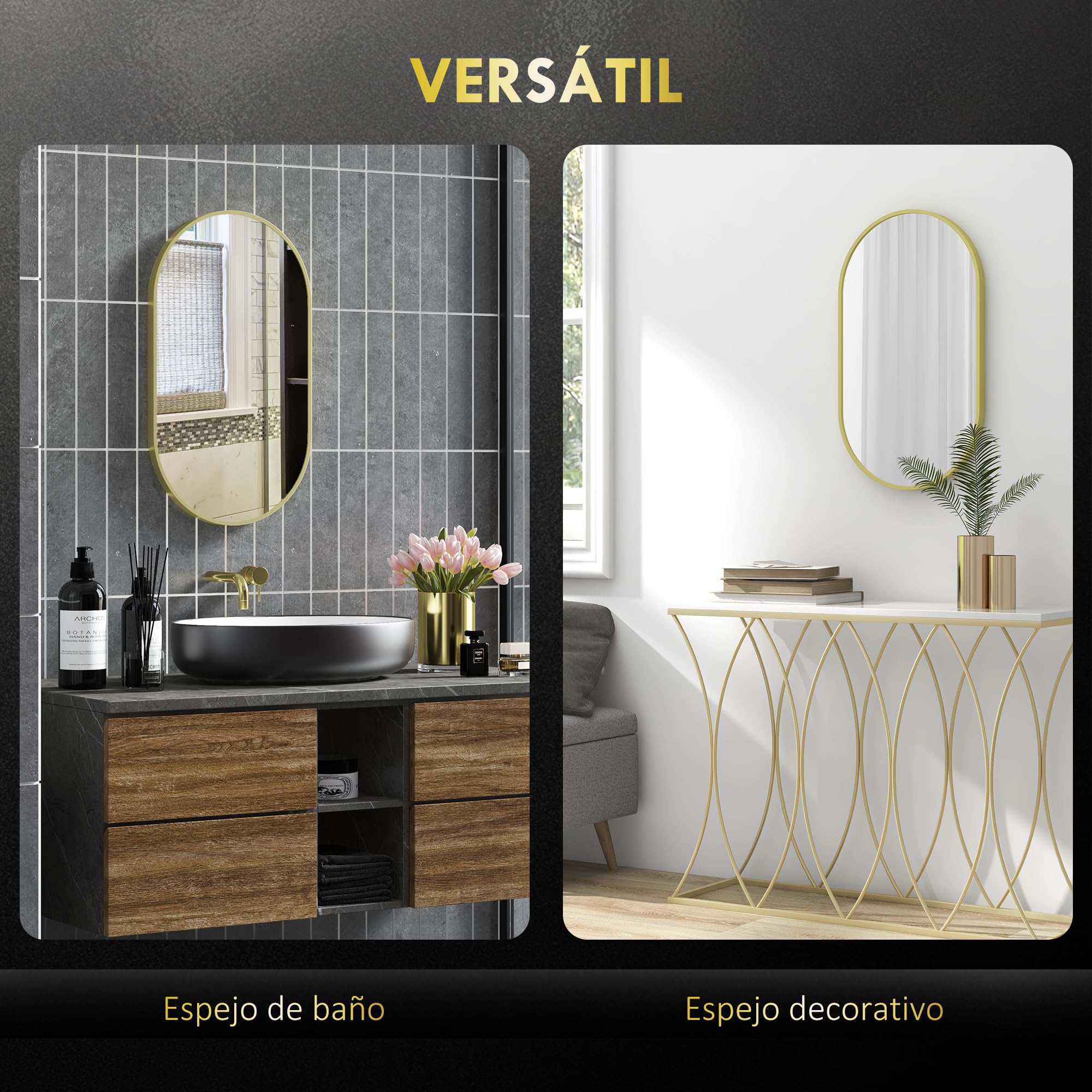 HOMCOM Espejo de Baño Ovalado 40x70 cm con Marco de Aluminio Espejo de Pared Decorativo Horizontal o Vertical para Salón Entrada Pasillo Dorado