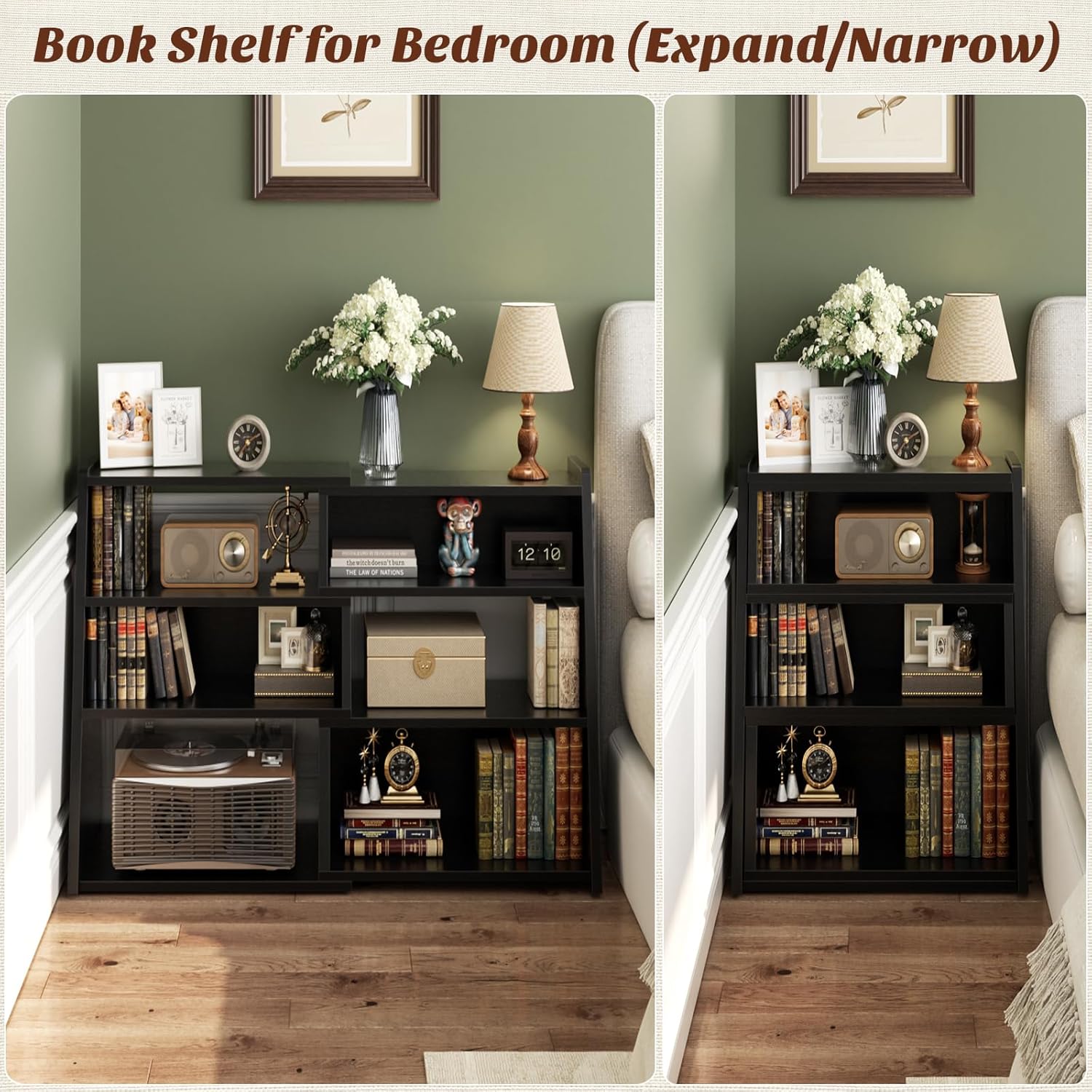 Armocity Expandable Bookshelf, Short Corner Bookshelf for Small Spaces, Small Ladder Book Shelf, Extendable Wood Narrow Bookcase for Living Room, Bedroom, 4 Tier, Black