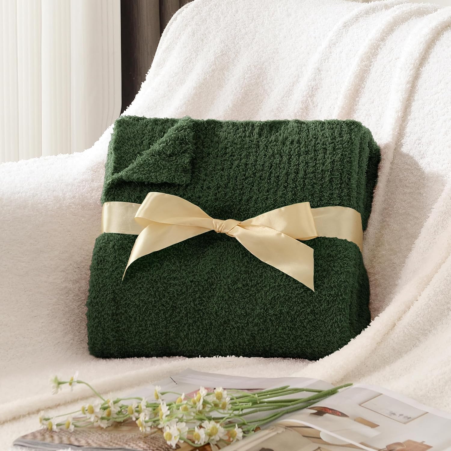 JOOJA Knit Throw Blanket Super Soft Warm Blanket for Couch Lightweight Fluffy Blanket for Bed Sofa 60x80 Inches Dark Green - Image 4