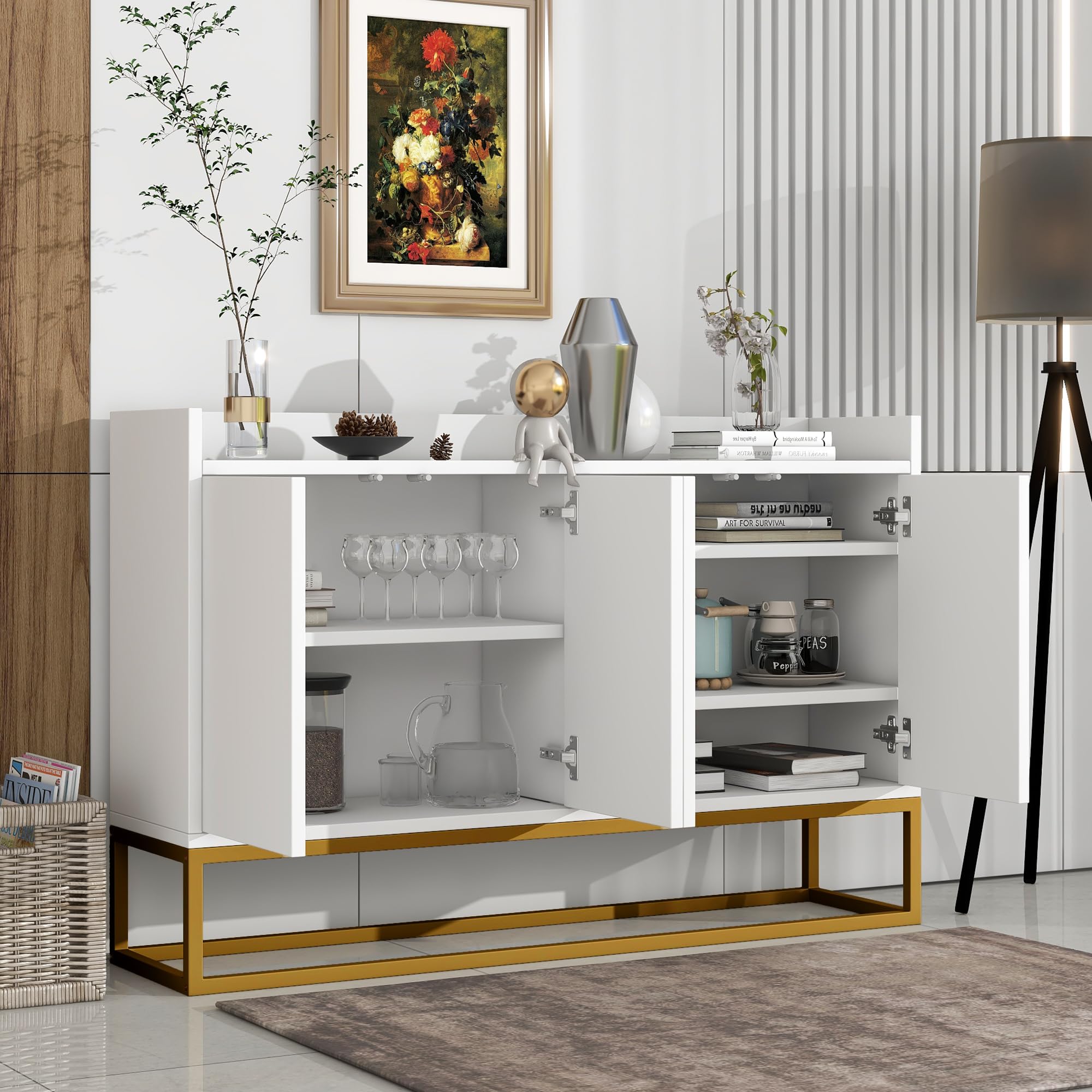 Credenza moderna in stile minimalista 4 ante armadio a buffet senza maniglie per sala da pranzo, soggiorno, cucina (bianco)