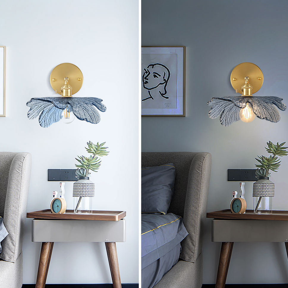 Image of 2-Light Bathroom Vanity Light Over Mirror Vintage Gold Brass Wall Sconce Light Blue Flower Glass Shade Adjustable Mid Century Modern Vanity Light Fixtures for Bedside Bedroom Doorway