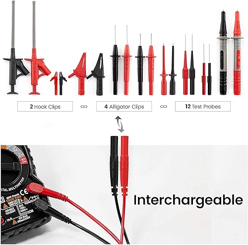 Miniatura 7 de KAIWEETS Multímetro digital TRMS 6000 cuentas ohmímetro y 23 piezas de cables de prueba de silicona suave kit para multímetro con pinzas de