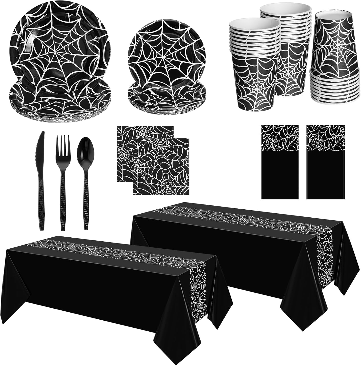 Oudain 162 Pcs Spiderweb Birthday Party Decoration Black White Spider Web Rectangular Tablecloth Disposable Plates Napkins Cups Forks Spoons Knifes Tableware Set for Theme Party Supplies
