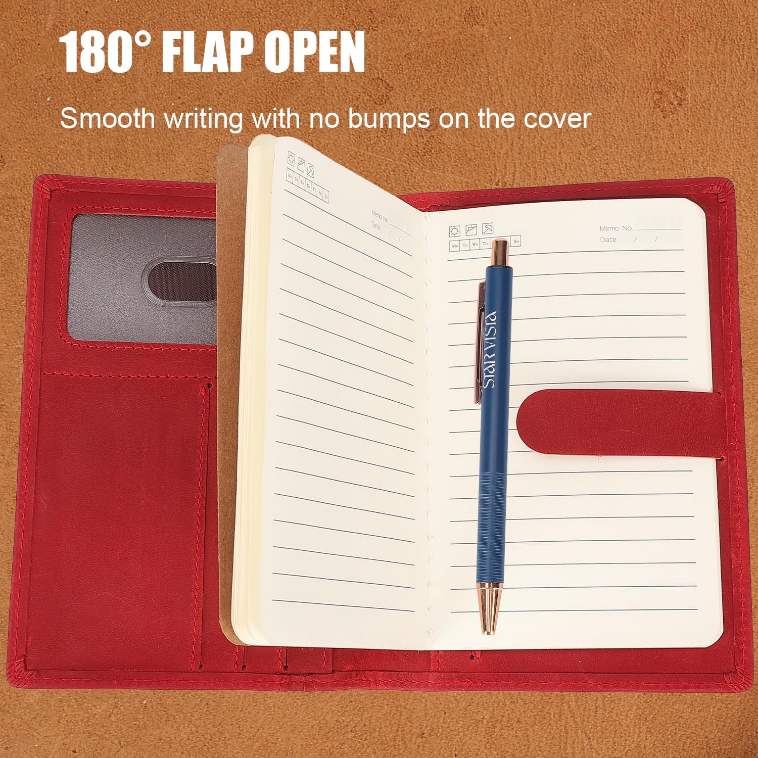 STAR VISTA Luciano Leather Pocket Journal Cover for 3.5" x 5.5" Field Notes or Moleskine Cahier, Travel Passport Wallet with RFID Blocking, 6 Card Slots,2 Notebooks & Pen Included, Crimson Red