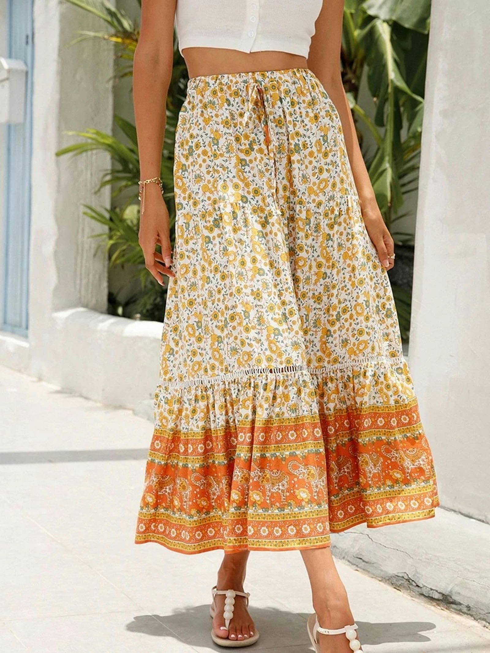 Gonna Elegante Gonne Lunghe per Le Donne Floreale Lace-Up Vacanza Beach Gonna Ruffle Vita Alta Gonna Estate Giovanile Donna Vestiti