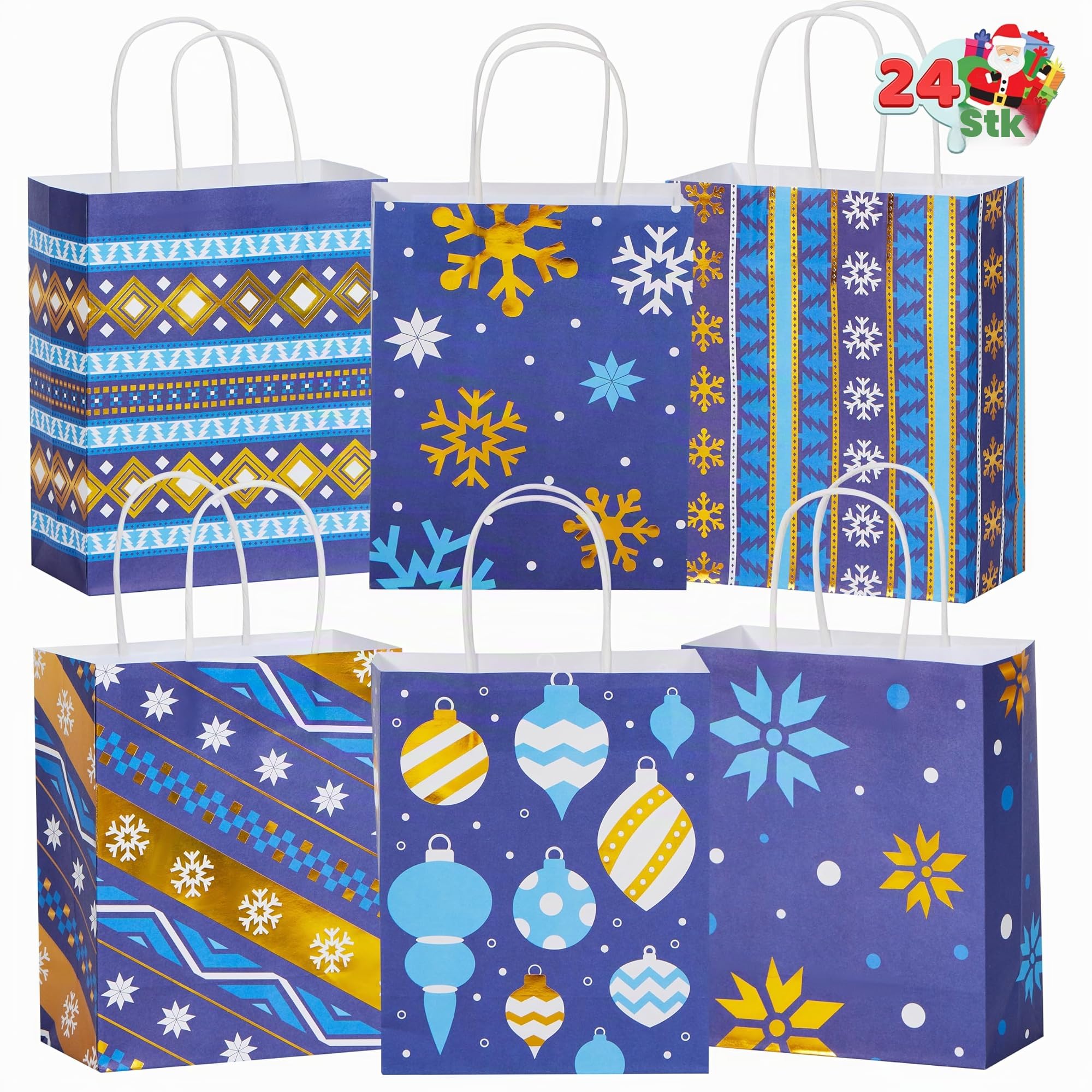 JOYIN 24 Stück Weihnachts-Geschenktüten aus Kraftpapier, für Klassenzimmer und Partygeschenke, Partygeschenke und Dekorationszubehör (blau, 22,9 x 18,9 x 8,3 cm)