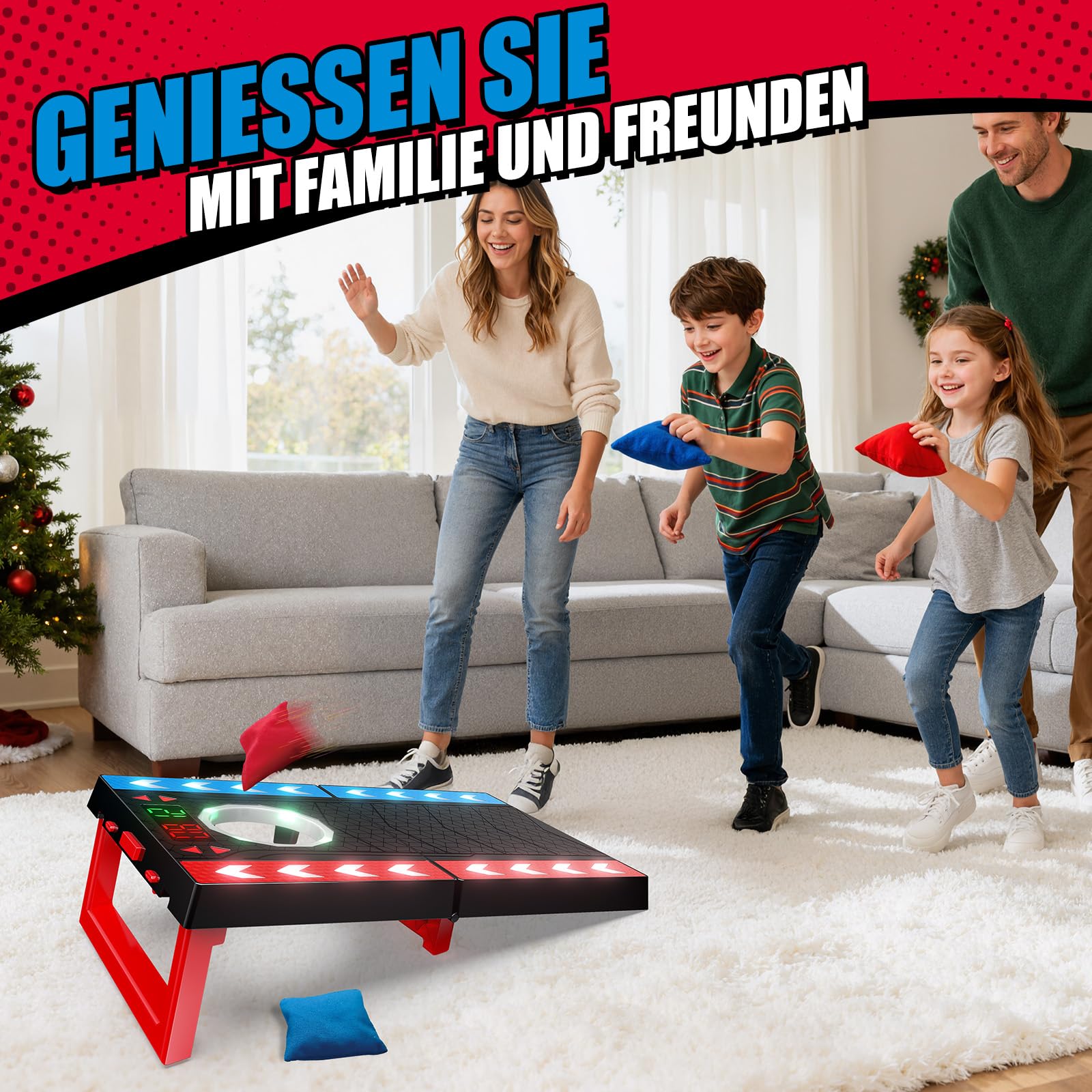 Cornhole Spiel Outdoor, Elektronisches Cornhole Set mit automatischer Punktezählung, LED & Musik, 2 Boards & 8 Säckchen, Sackloch Spiel für Garten, Camping, Kinder ab 8 & Erwachsene