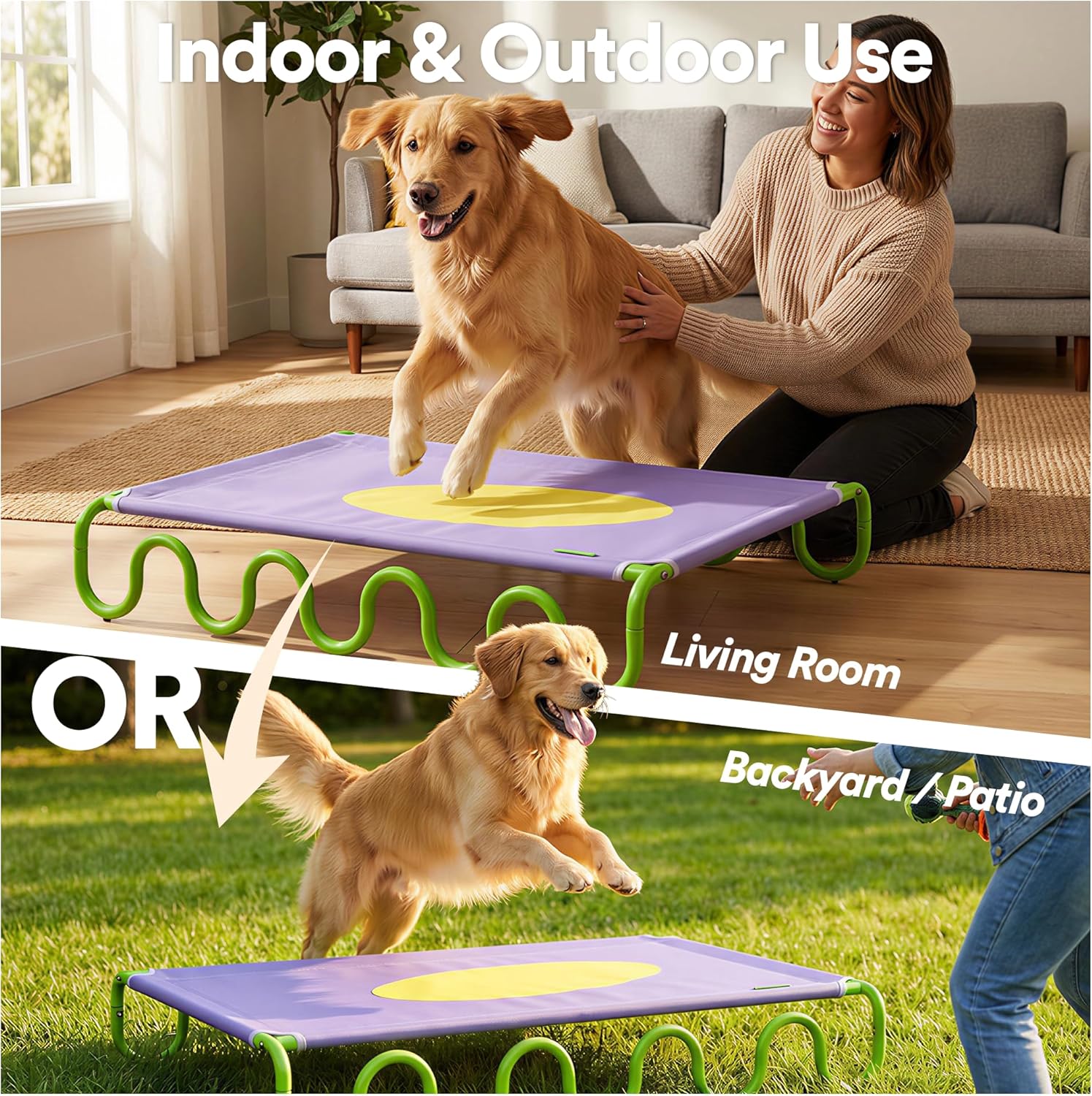 ZEZE Wavy Elevated Pet Bed - Breathable Raised Dog & Cat Bed with Steel Frame, Durable Oxford Fabric, Moisture-Resistant Cooling Cot for Indoor & Outdoor Use (Purple)