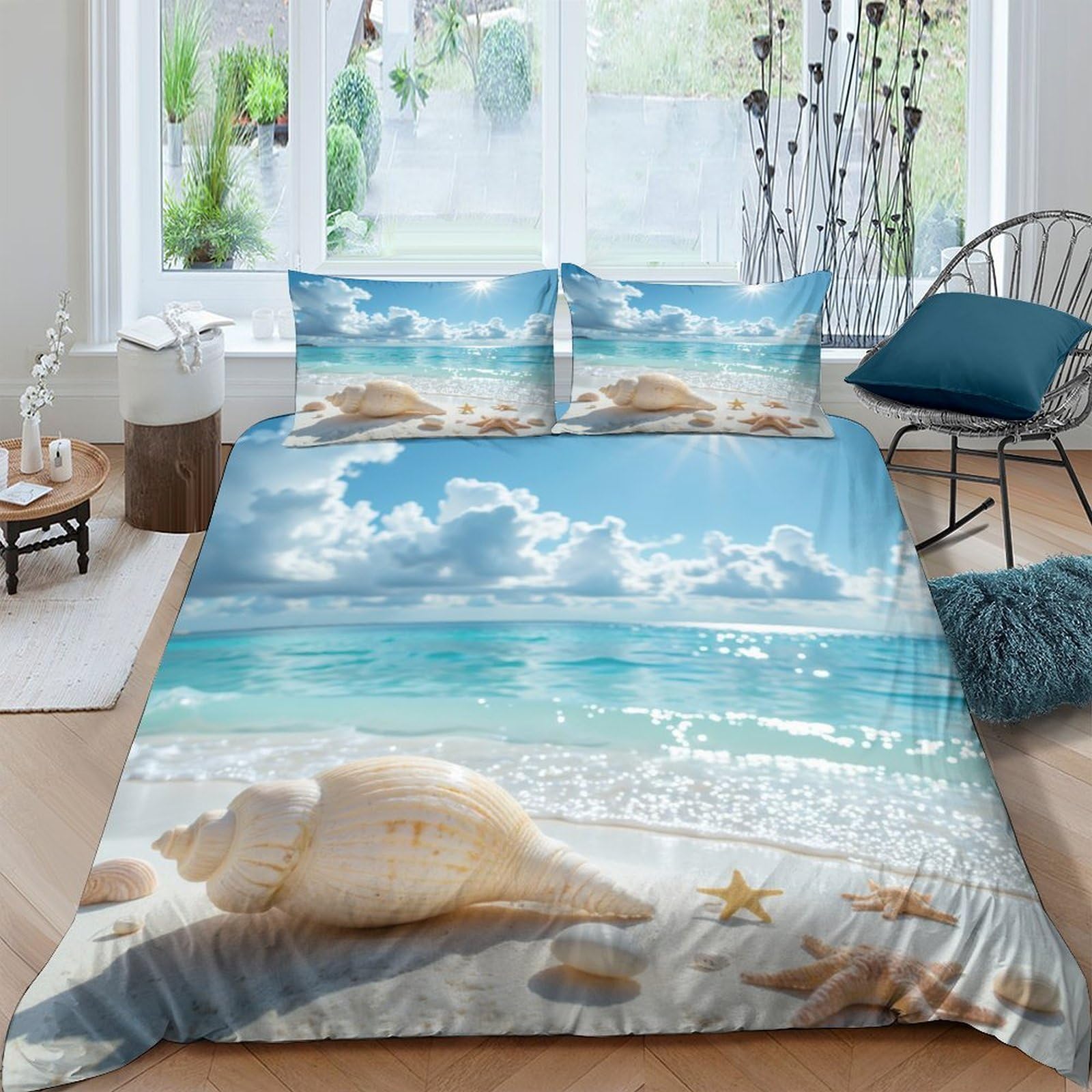 Housse de couette océan en microfibre respirante et parure de lit 135x200cm toutes saisons