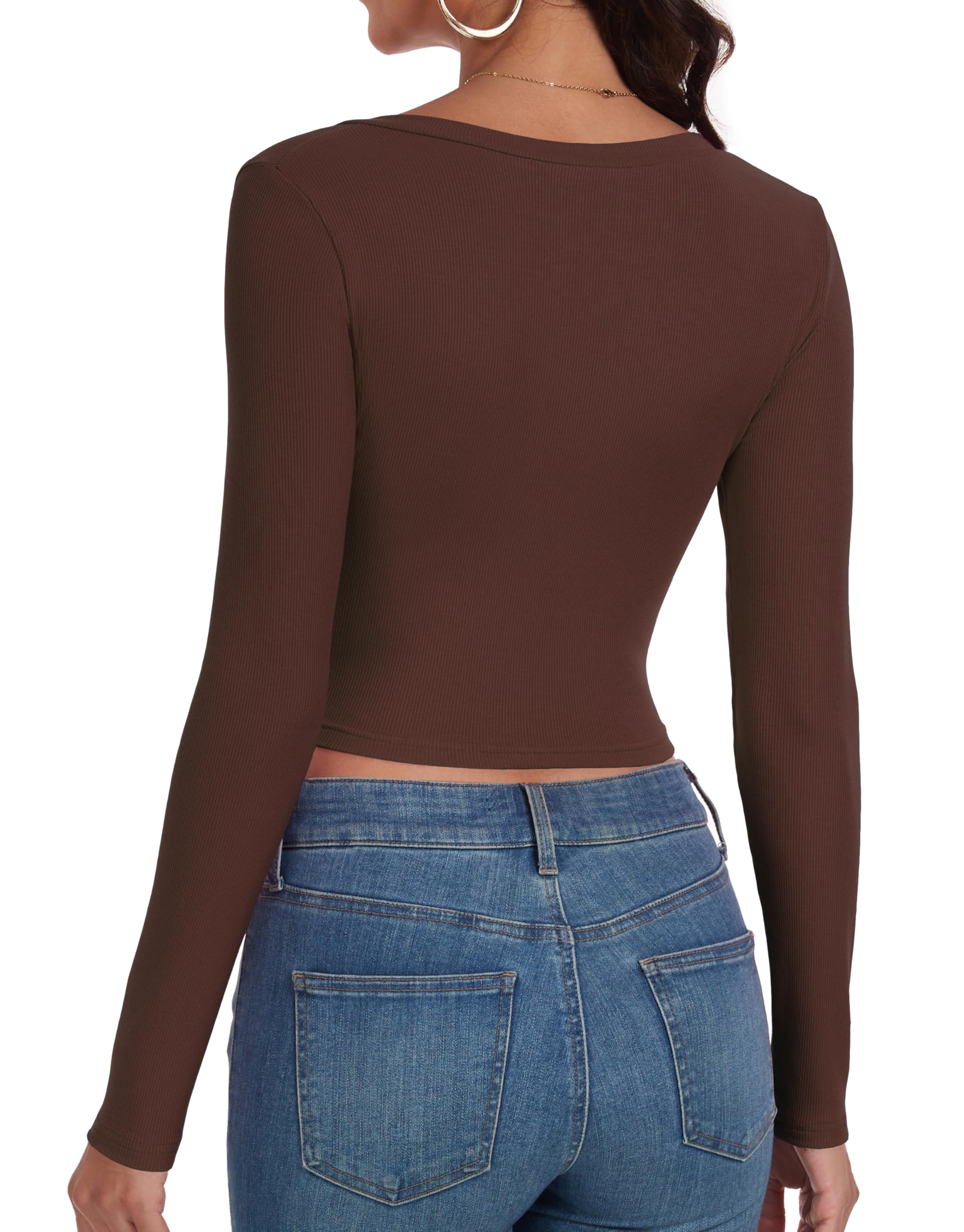 Artfish Women's Long Sleeve V Neck Crop Top Ribbed Knit Slim Fitted Basic T-Shirts