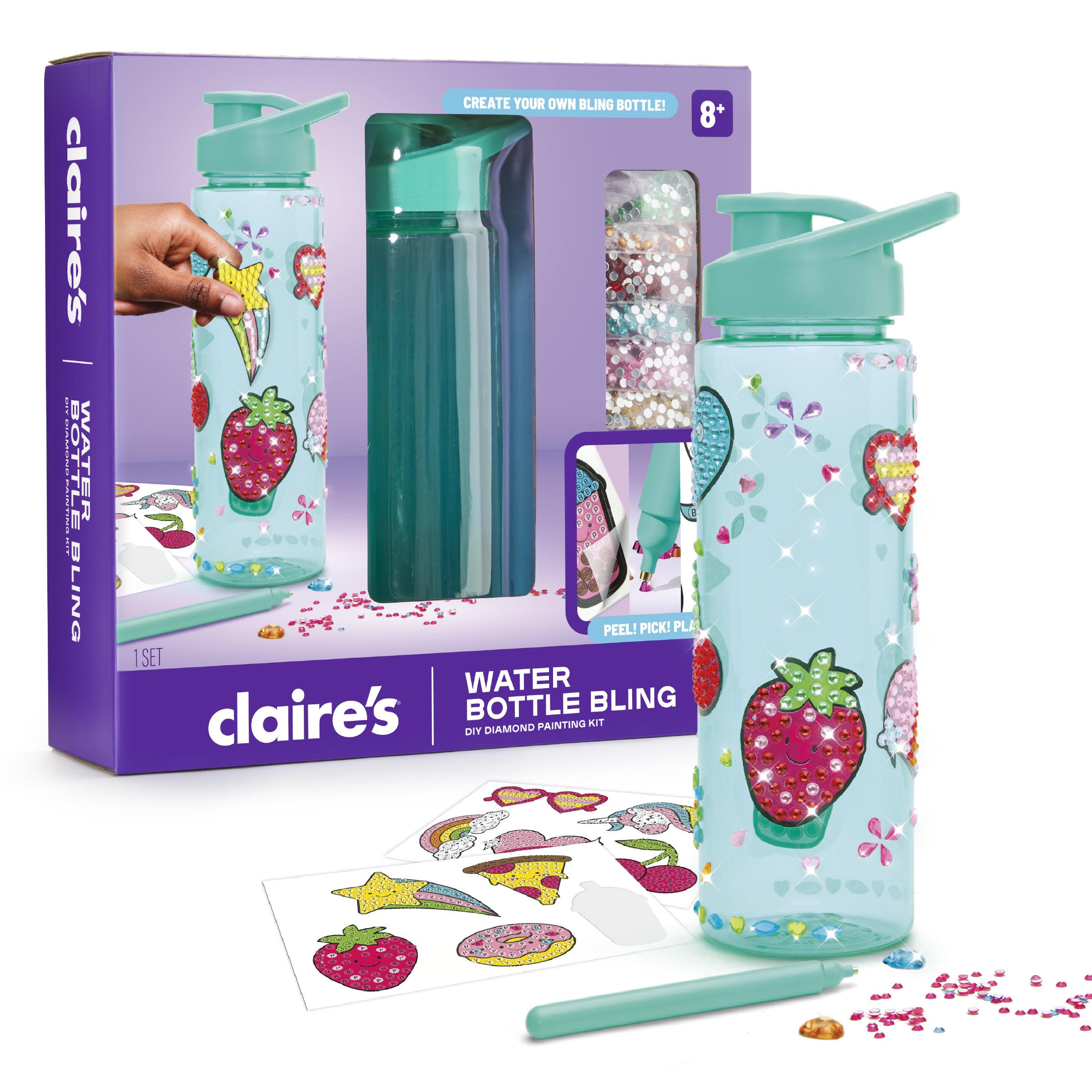 Claires Water Bottle Bling Decorating Set, DIY Diamond Painting Kit, 24 Oz BPA-Free Bottle, 990+ Diamond Art Gems, Unicorn, Heart & Fun Stickers, Girl Toys, Craft Kits for Gift Ages 8+
