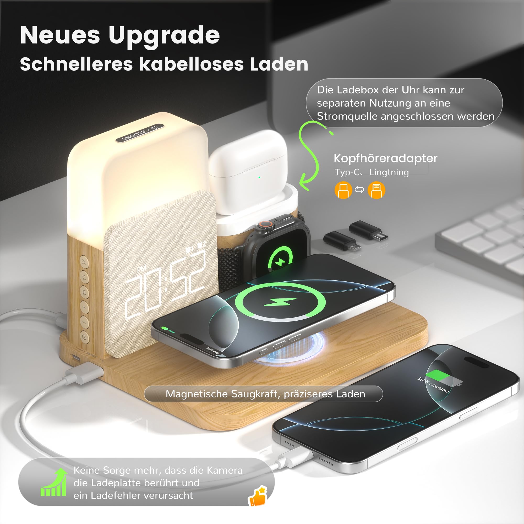 COLSUR 5 in 1 Ladestation für Apple mit Nachttischlampe und Wecker