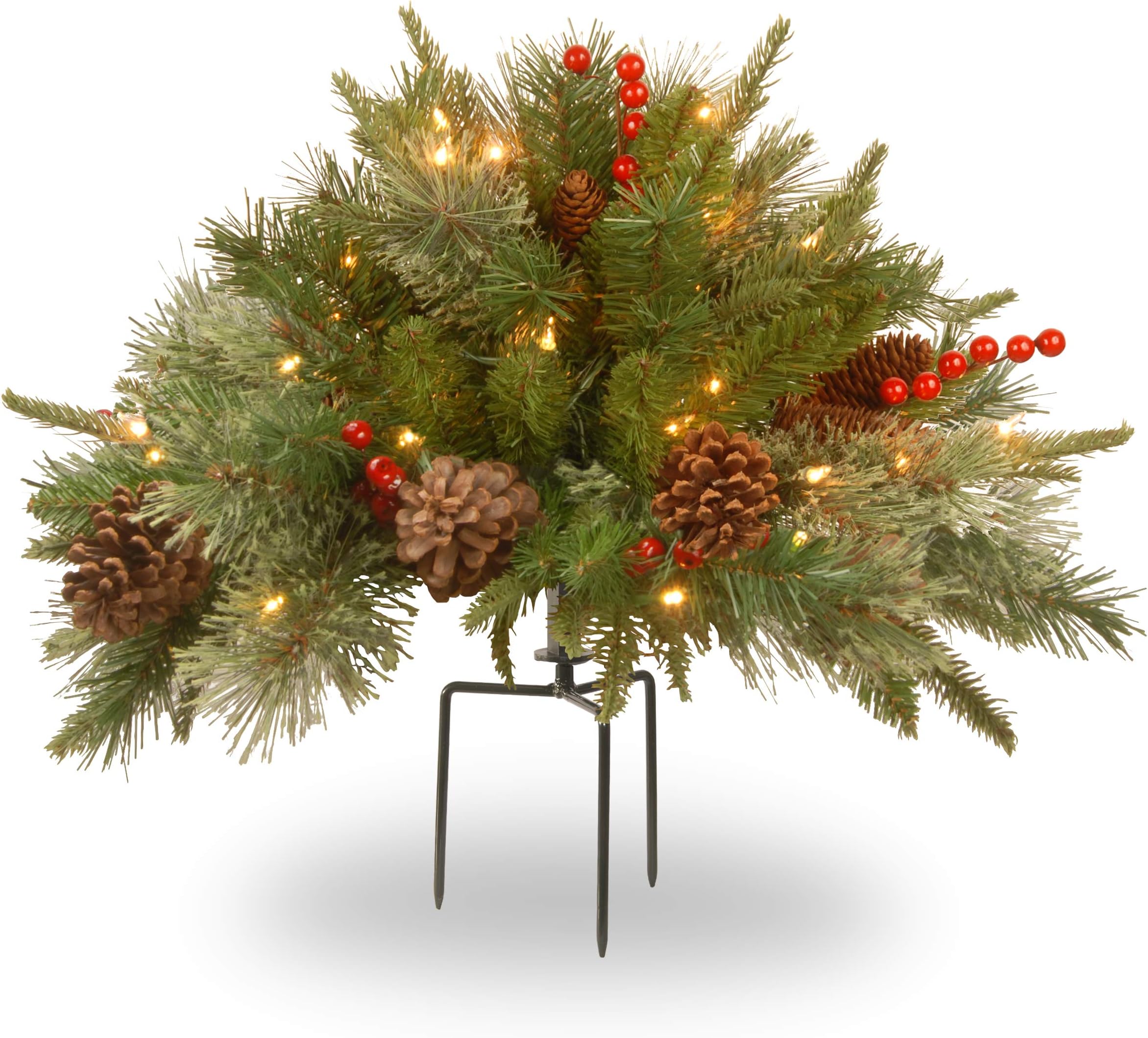 National Tree 18 Inch Feel Real Colonial Urn Filler with Cones, Red Berries, Tripod Stake and 35 Warm White Battery Operated LED Lights with Timer (PEC1-300-18U-B), 18"