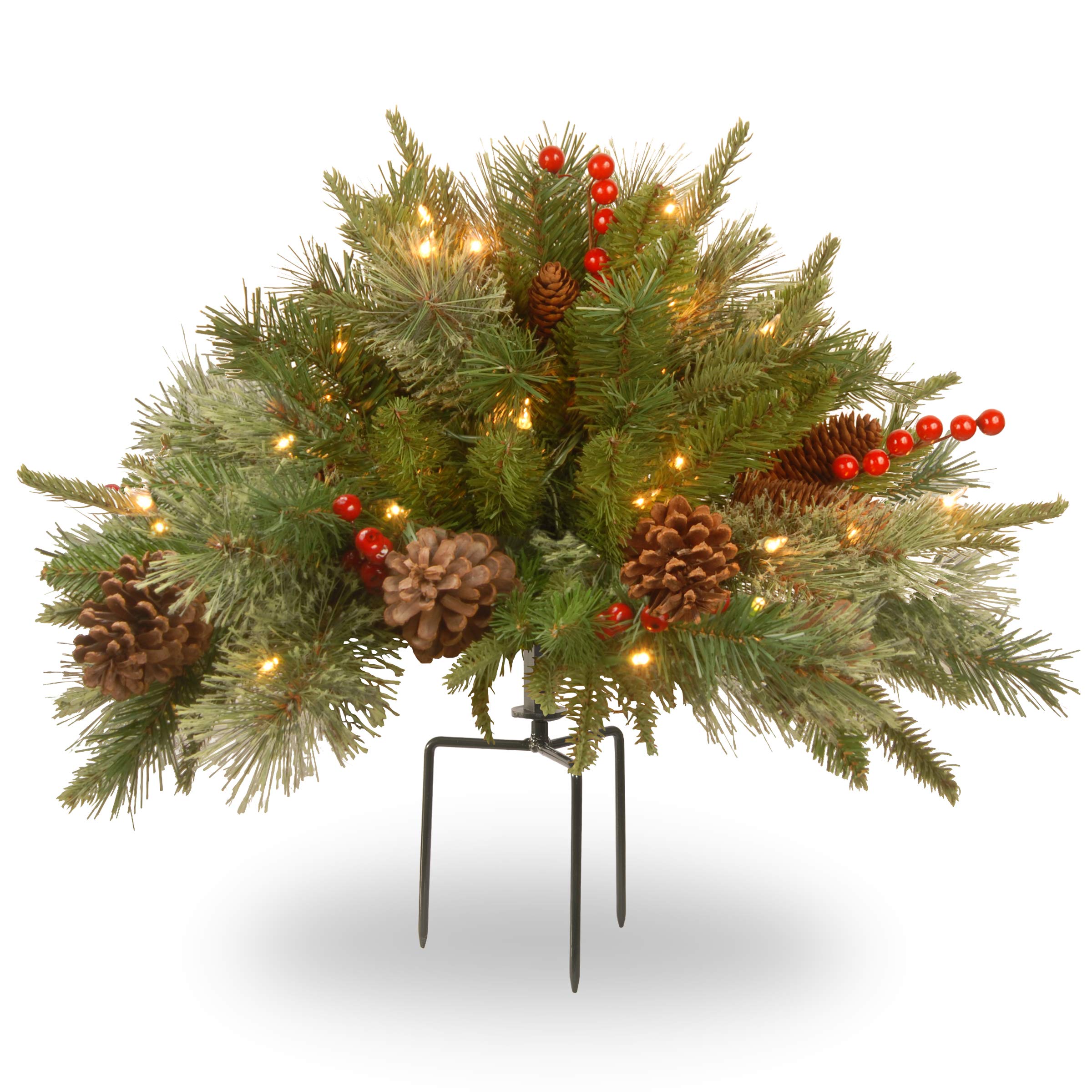 National Tree 18 Inch Feel Real Colonial Urn Filler with Cones, Red Berries, Tripod Stake and 35 Warm White Battery Operated LED Lights with Timer (PEC1-300-18U-B), 18"