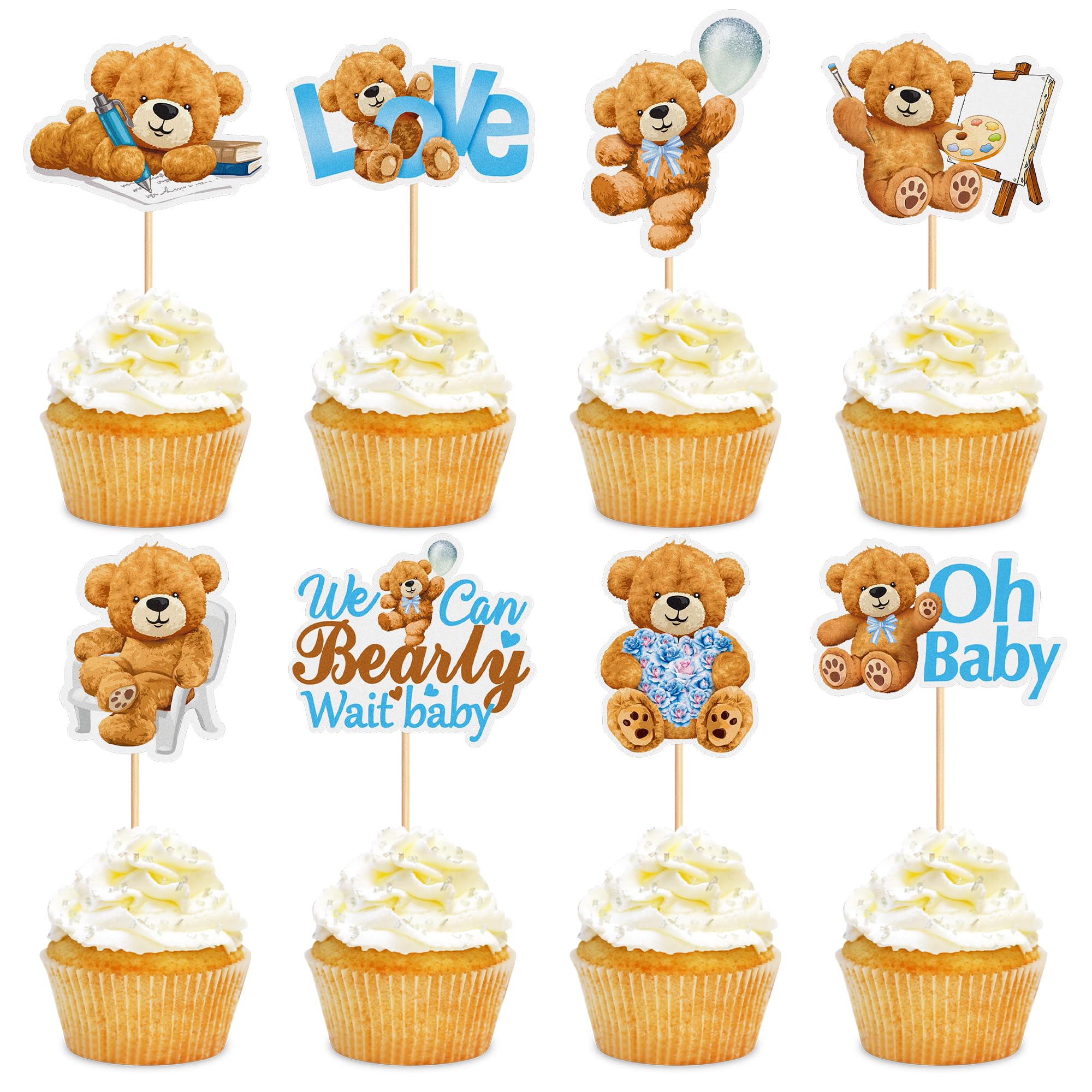 Cyodoos 24 PCS Baby Bear Cupcake Toppers for Baby Shower - Jungle Animal Theme Decorative Supplies for Birthday Party Cake - Blue