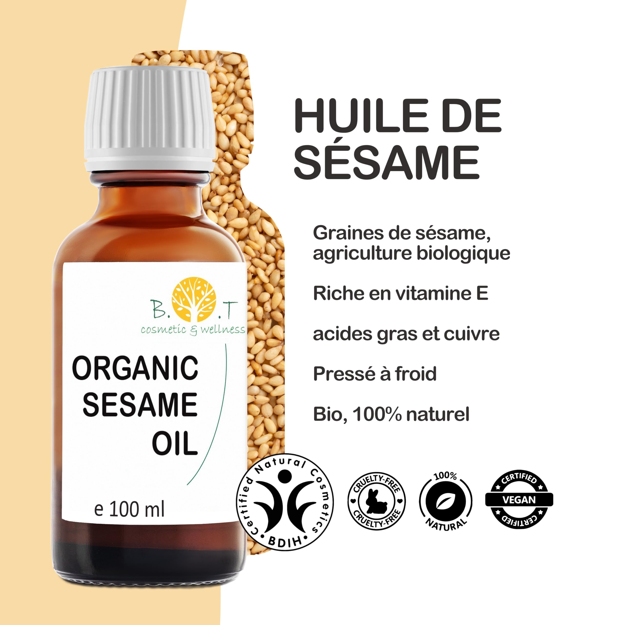 B.O.T Cosmetic & Wellness - Huile de Sésame Bio 100% Pure et Naturelle | Pressée à Froid | Multi-Usage | Anti-Âge pour la Peau | Soin Capillaire | Huile de Massage Ayurveda, 1000 ml