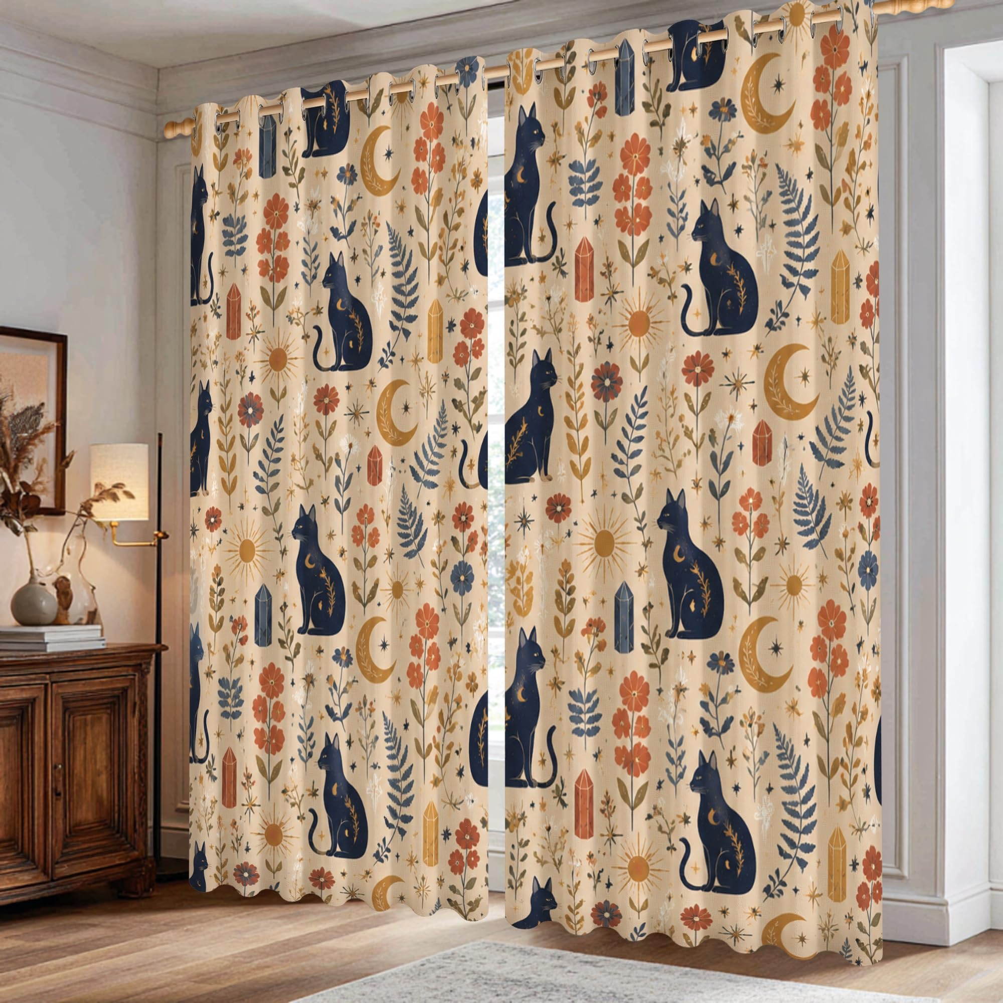 Rideaux occultants bohèmes bleu marine motif chat, lune et fleurs 106x213 cm
