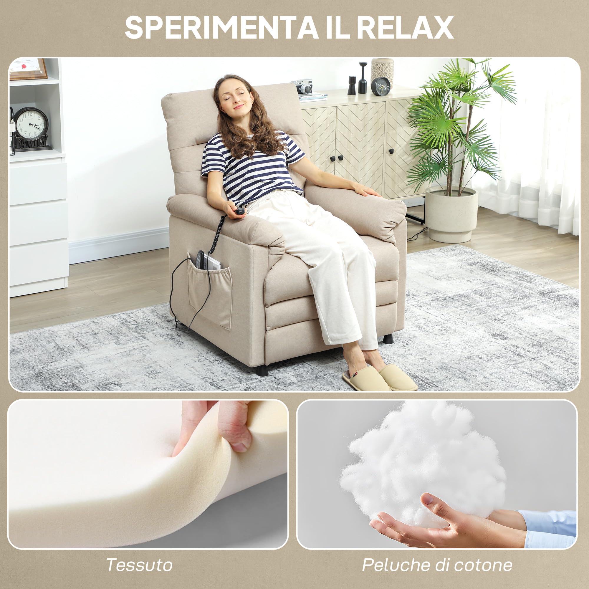 HOMCOM Poltrona Relax Elettrica Massaggiante e Riscaldante con Poggiapiedi, Silenziosa, Poltrona Reclinabile 150° in Velluto Pet Friendly con Funzione Memory, 2 Telecomandi e USB, Beige