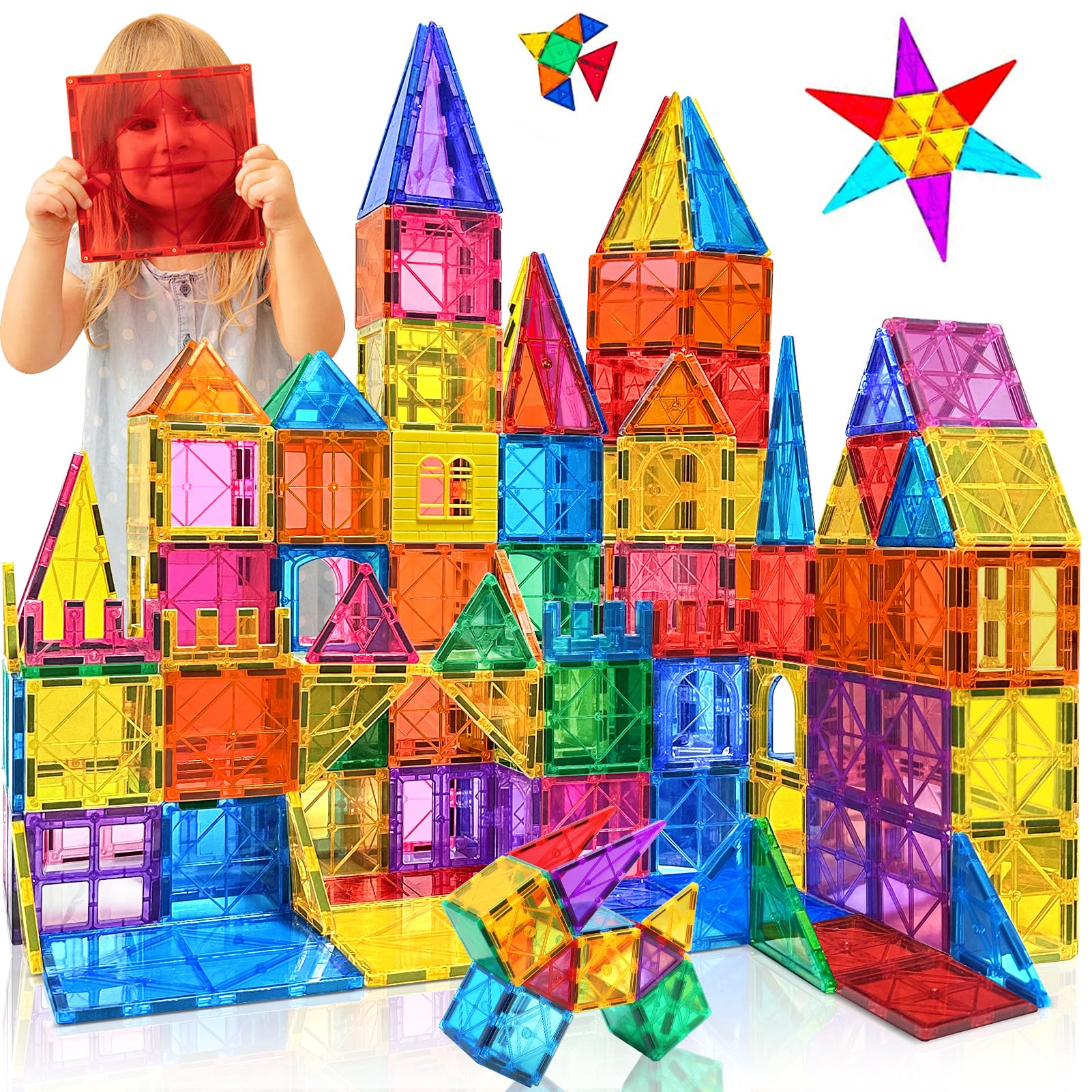 Magnetic Tiles Toys for 3 4 5 6 7 8+ Year Old Boys and Girls Large Magnetic Building Blocks Set for Kids Toddler Magnet Tiles STEM Montessori Educational Creativity Toys Christmas Birthday Gifts 60pcs