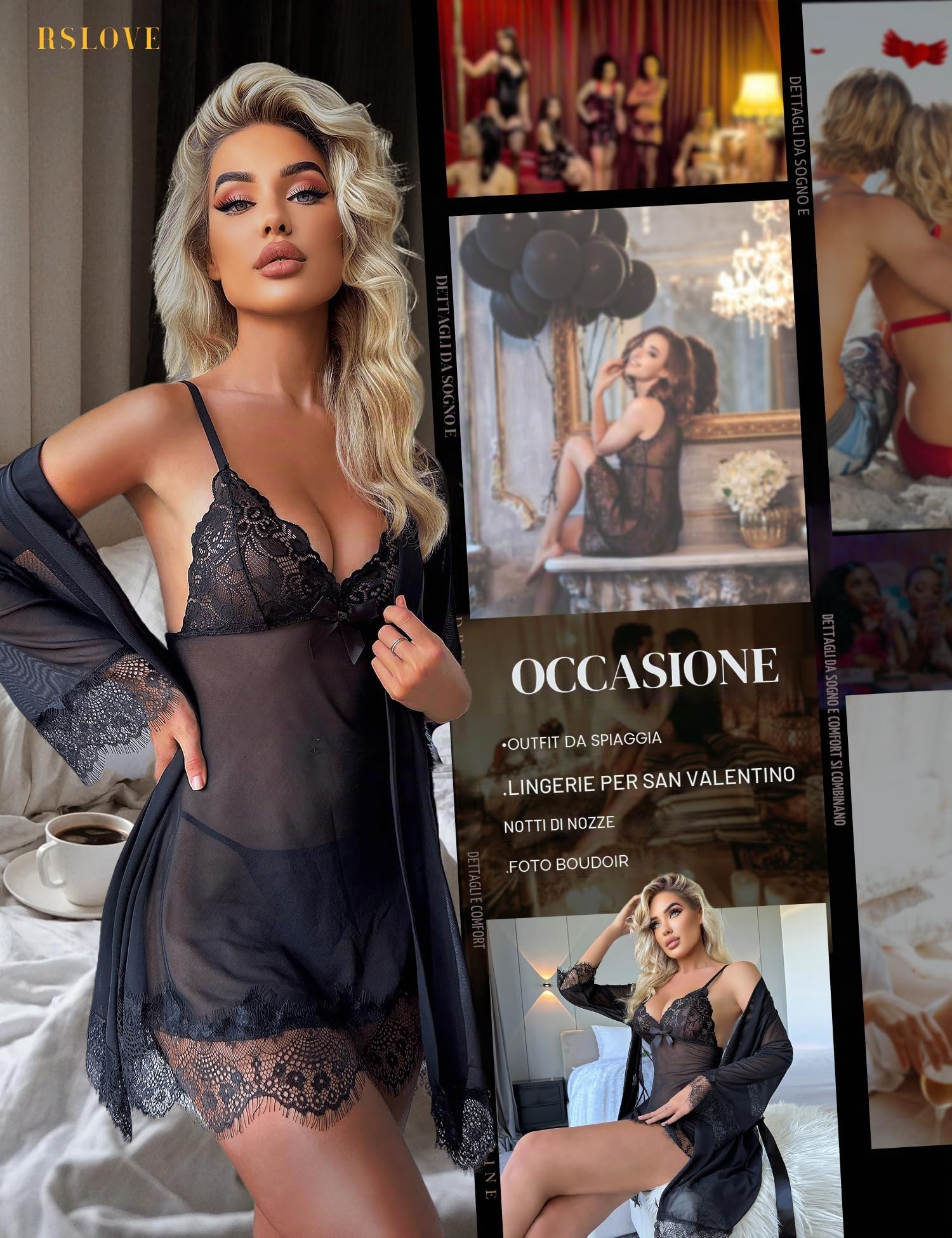 RSLOVE Lingerie Donna Sexy Babydoll in Pizzo Camicia da Notte Set di Pigiama Completo Intimi Vestaglia A Rete