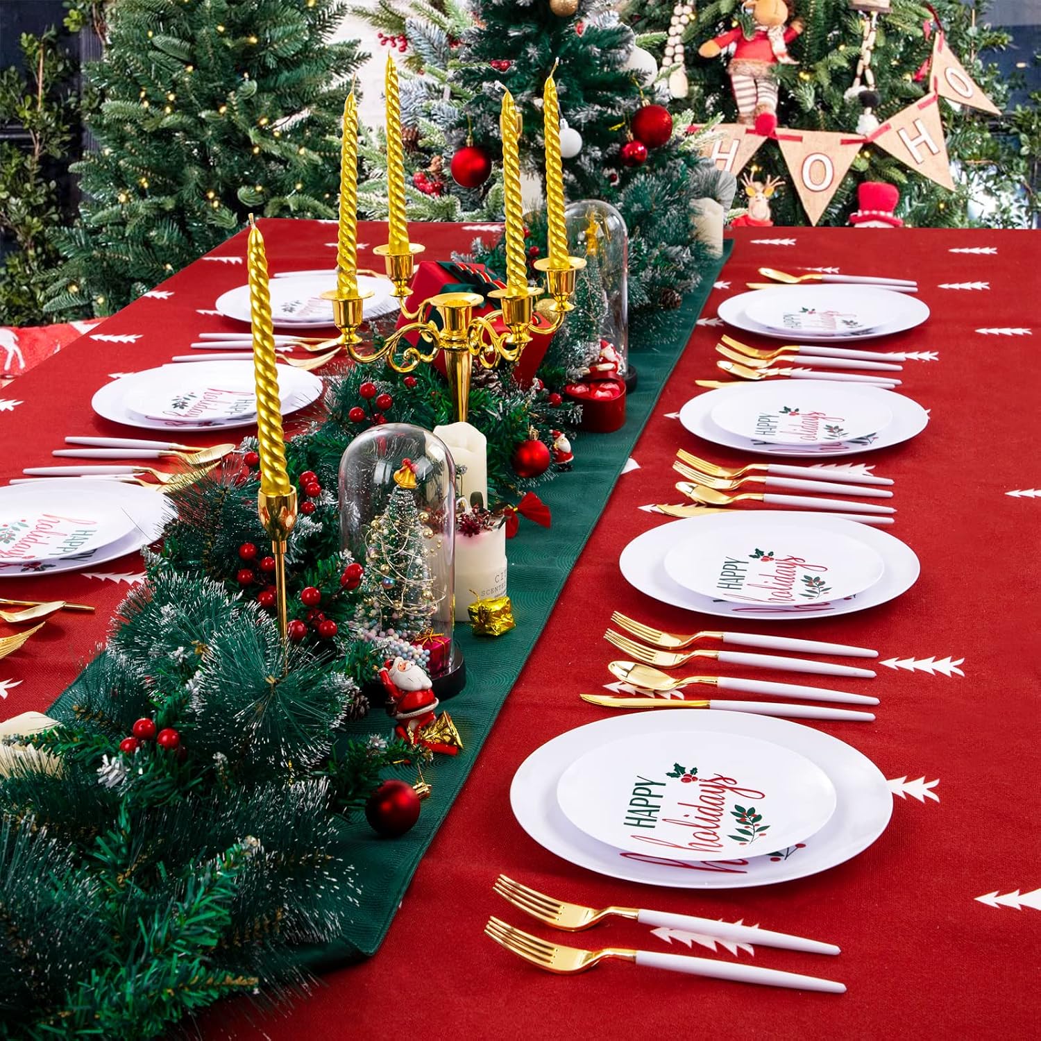 Supernal 150pcs Christmas Plastic Dinnerware Set,White Plastic Plates,White and Gold Plastic Silverware,Plastic Plates with Happy Holiday Design,Suit for Holiday, Christmas, Thanksgiving