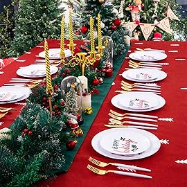 Supernal 150pcs Christmas Plastic Plates Disposable Holiday Plates,Christmas Dinnerware with Xmas Plate,White and Gold Plastic Silverware, Disposable Party Plate with Happy Holiday