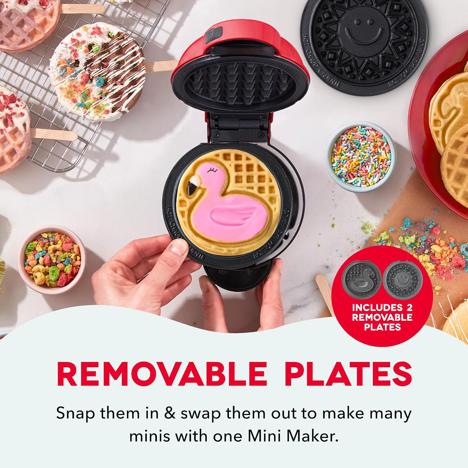 Dash MultiMaker® Mini System Removable Plate Set - Nonstick Replacement Plates for Summer Waffle Breakfast - Waffle Maker Not Included - 4-Inch - Two-Pack - Flamingo & Sun