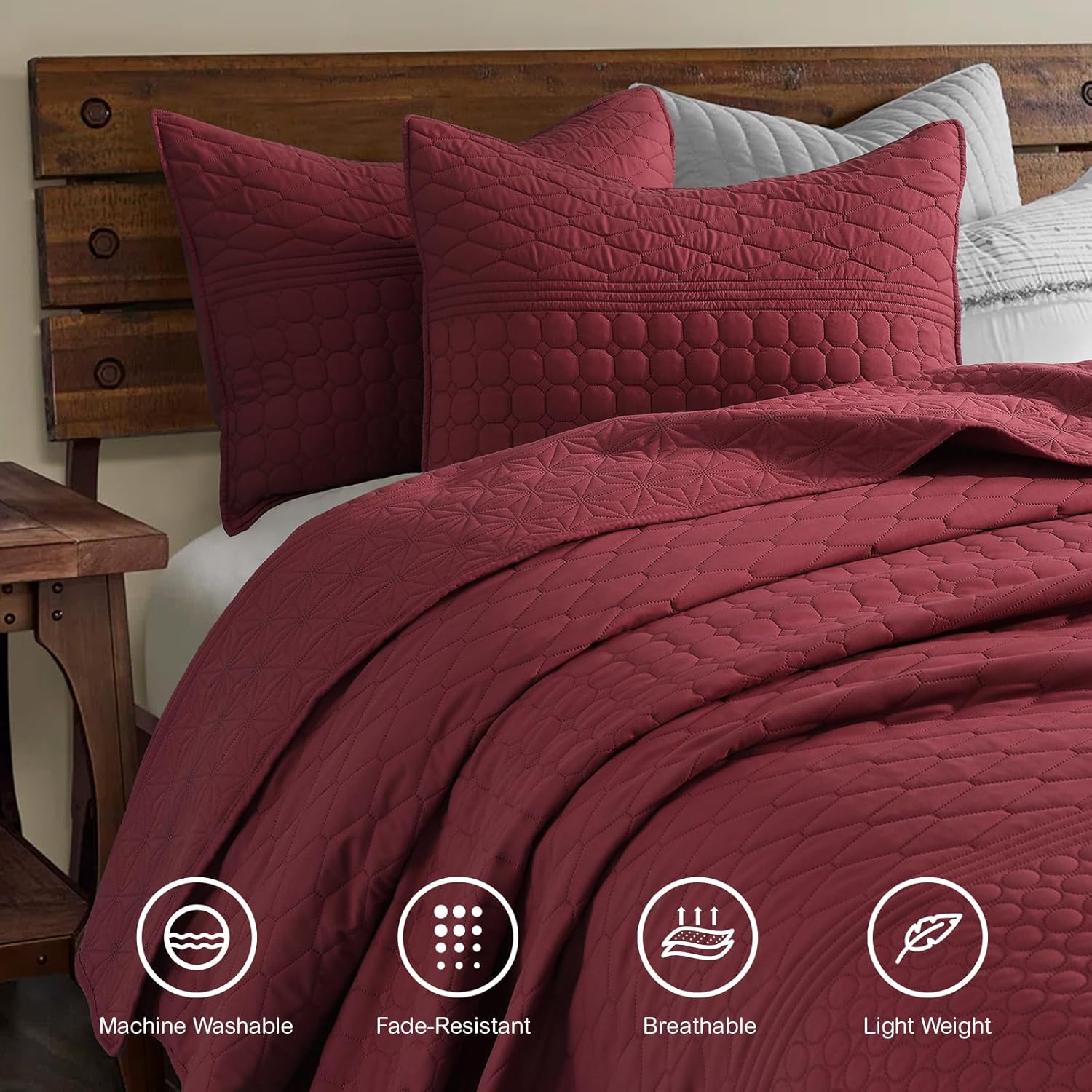 HORIMOTE HOME Burgundy Red Twin Size Quilt Set - Soft Microfiber Bedspread with 1 Sham, Lightweight & All-Season Geometric Coverlet for Cozy Bedding - Image 2