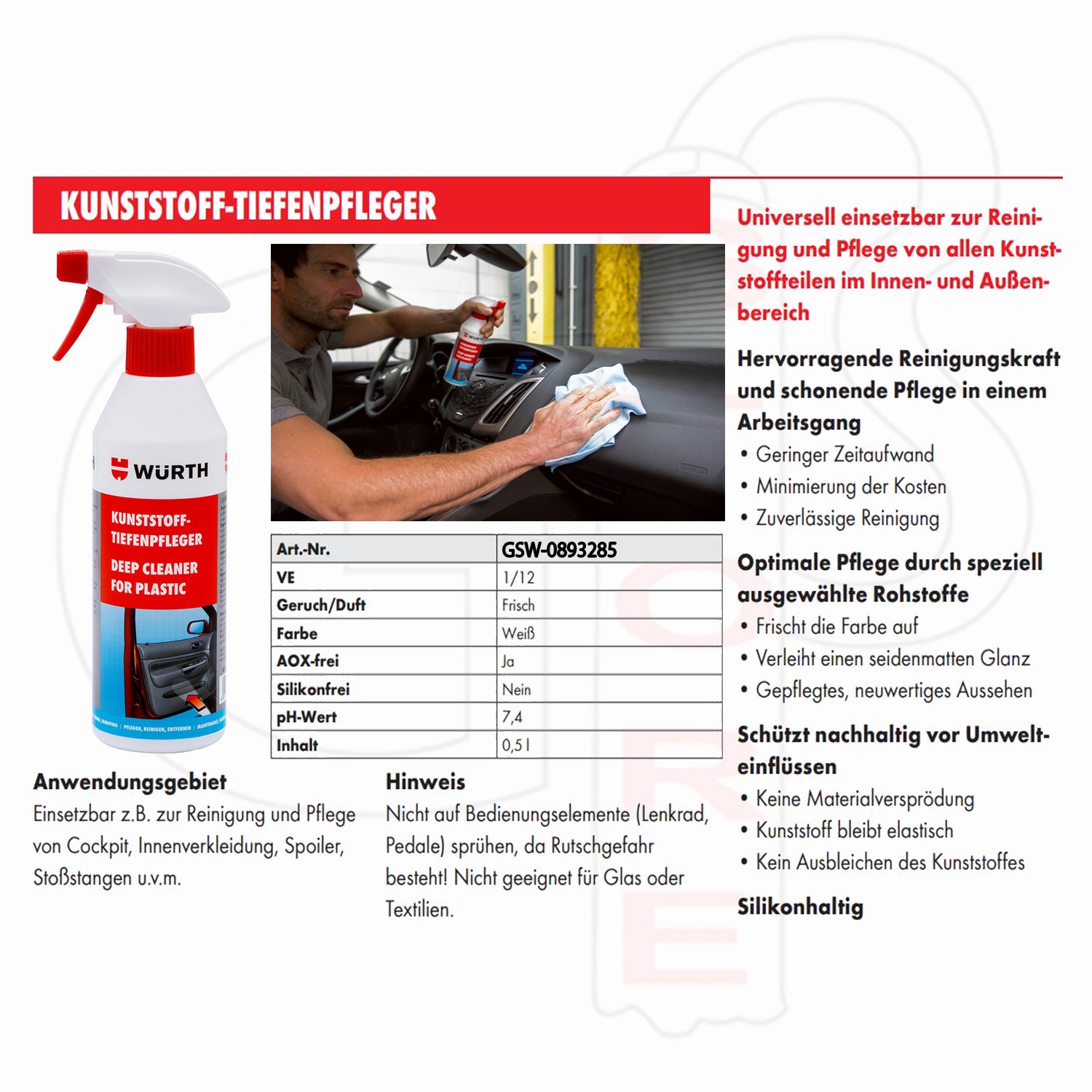 Kunststoff-Tiefenpfleger - 500ml - Universell einsetzbar zur Reinigung und Pflege von allen Kunststoffteilen im Innen- und Außenbereich.