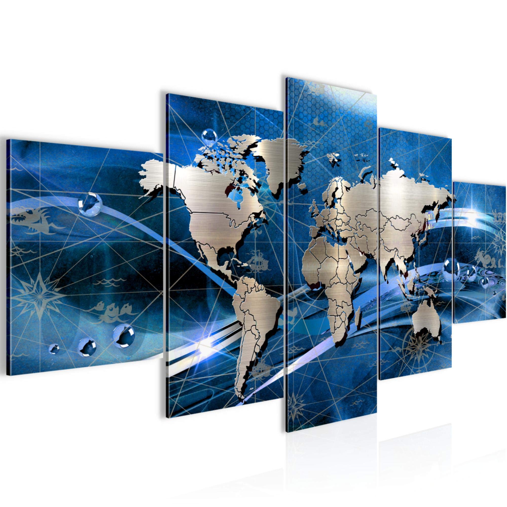 Runa Art - Cuadros Decorativos Mapa Del Mundo 200 x 100 cm 5 Piezas XXL Decoracion de Pared Diseño Azul 106851a