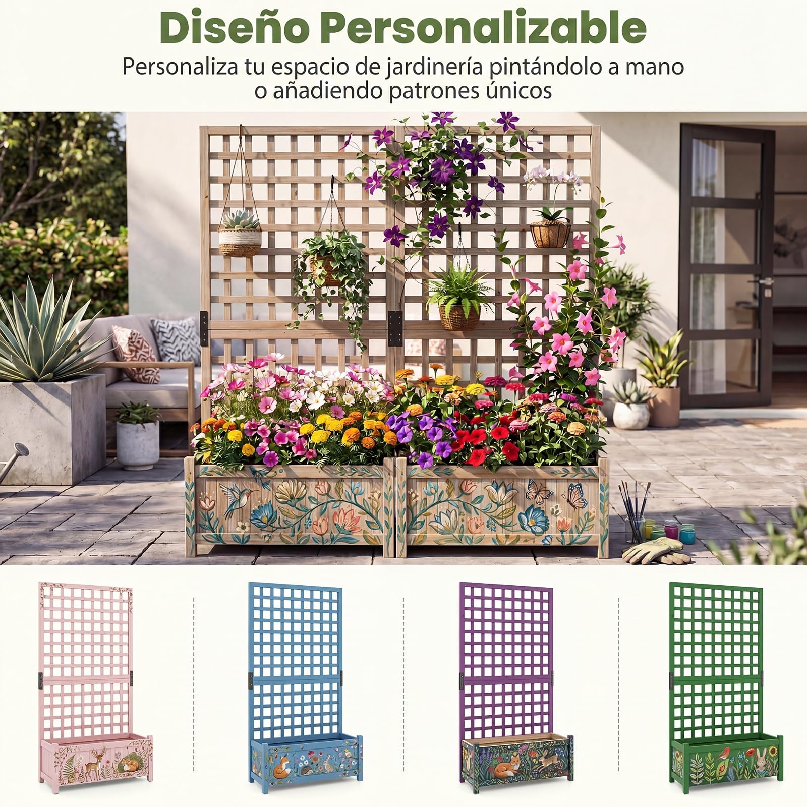 COSTWAY Jardinera Elevada con Enrejado, Macetero con Soporte para Trepadoras, Marco de de Madera de Abeto, Agujeros de Drenaje, Huerto Urbano Exterior Grande para Terraza Balcón Patio (Natural)