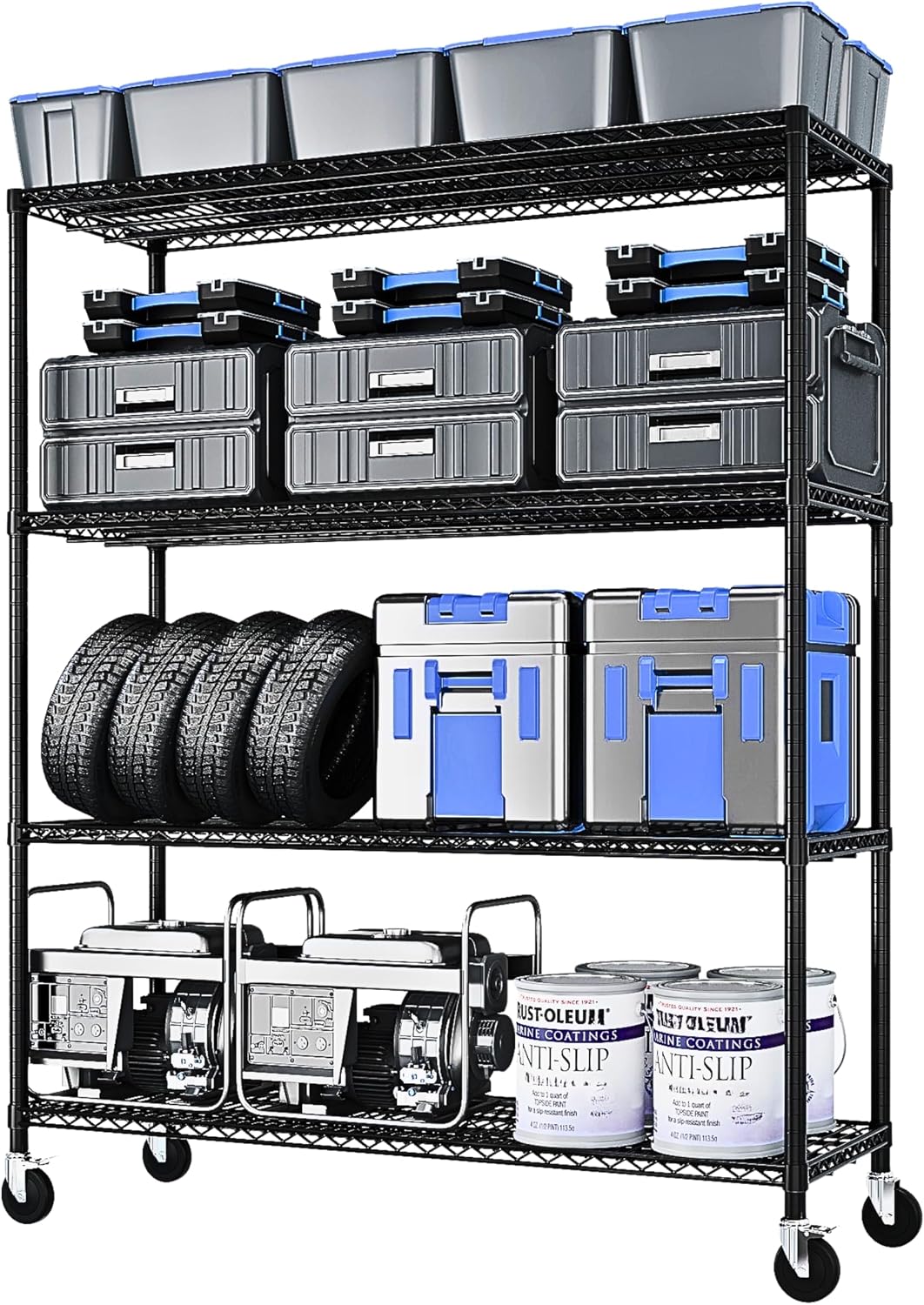 Heavy Duty Wire Shelving Unit, NSF Certified 4-Tier Carbon Steel Storage Rack on Wheels, 55 x 24 x 75 in, Adjustable Garage Shelving, Commercial Steel Wire Rack, 2500 lb Total (Black)