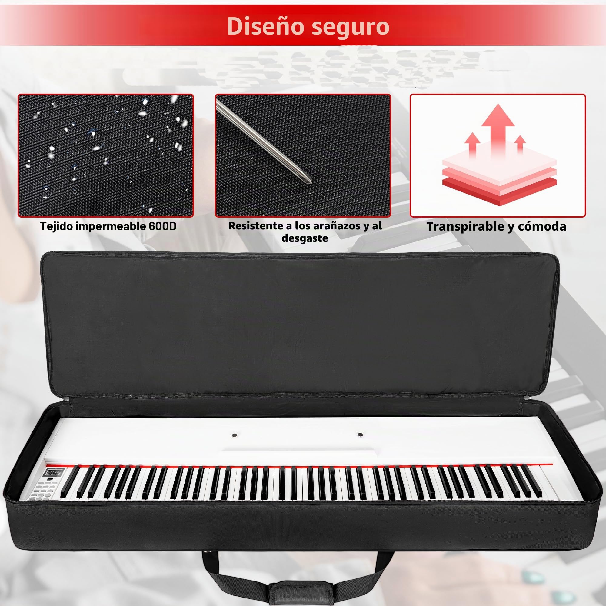 AKOZLIN Funda para teclado para 61/76/88 teclas, portátil, para teclado de piano eléctrico, bolsa para conciertos 600D de tela Oxford con acolchado de 10 mm de espesor, negra, Negro, 88 Keys, Classic
