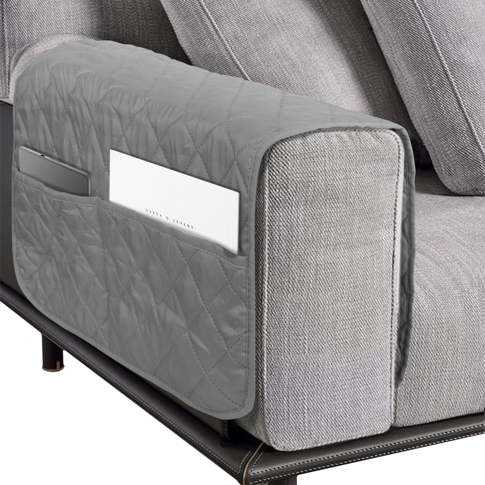NiCola Sofa Arm Rest Cover 1pc Armchair Arm Covers with Pockets, Anti-Slip Armrest Chair Covers, Washable Polyester Spandex Recliner Chair Armrest Covers for Sofa Couch, Armchair (Grey)